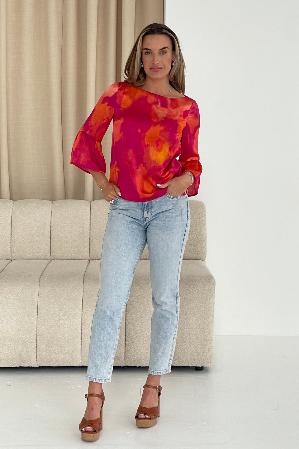 Deborah Frill Sleeve Round Neck Blouse Pink