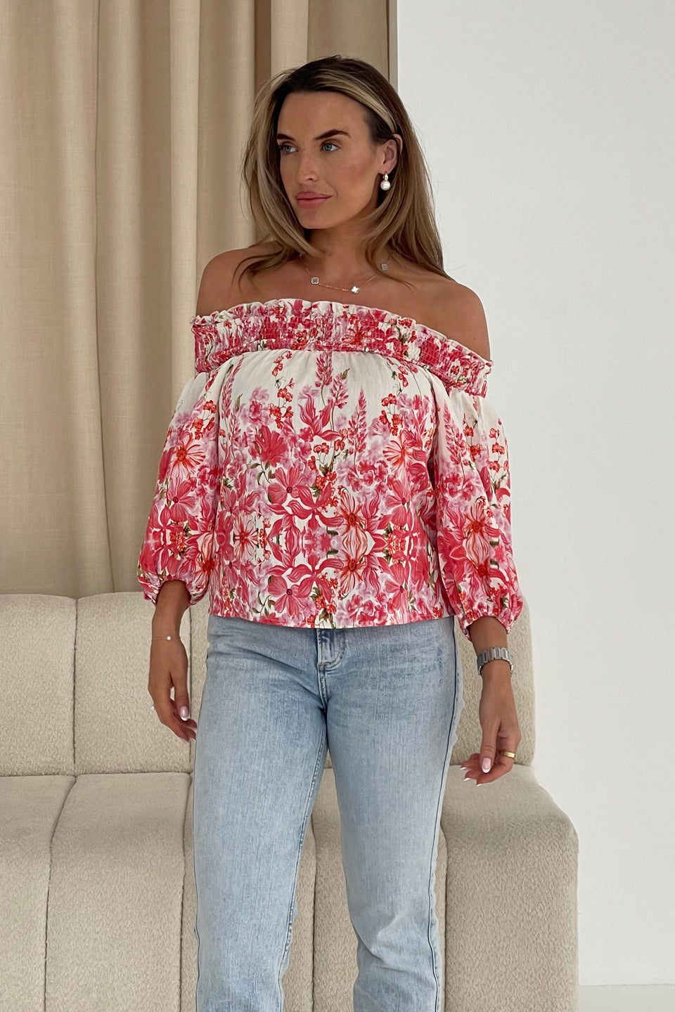Candace Shirred Bardot Pink Floral Top