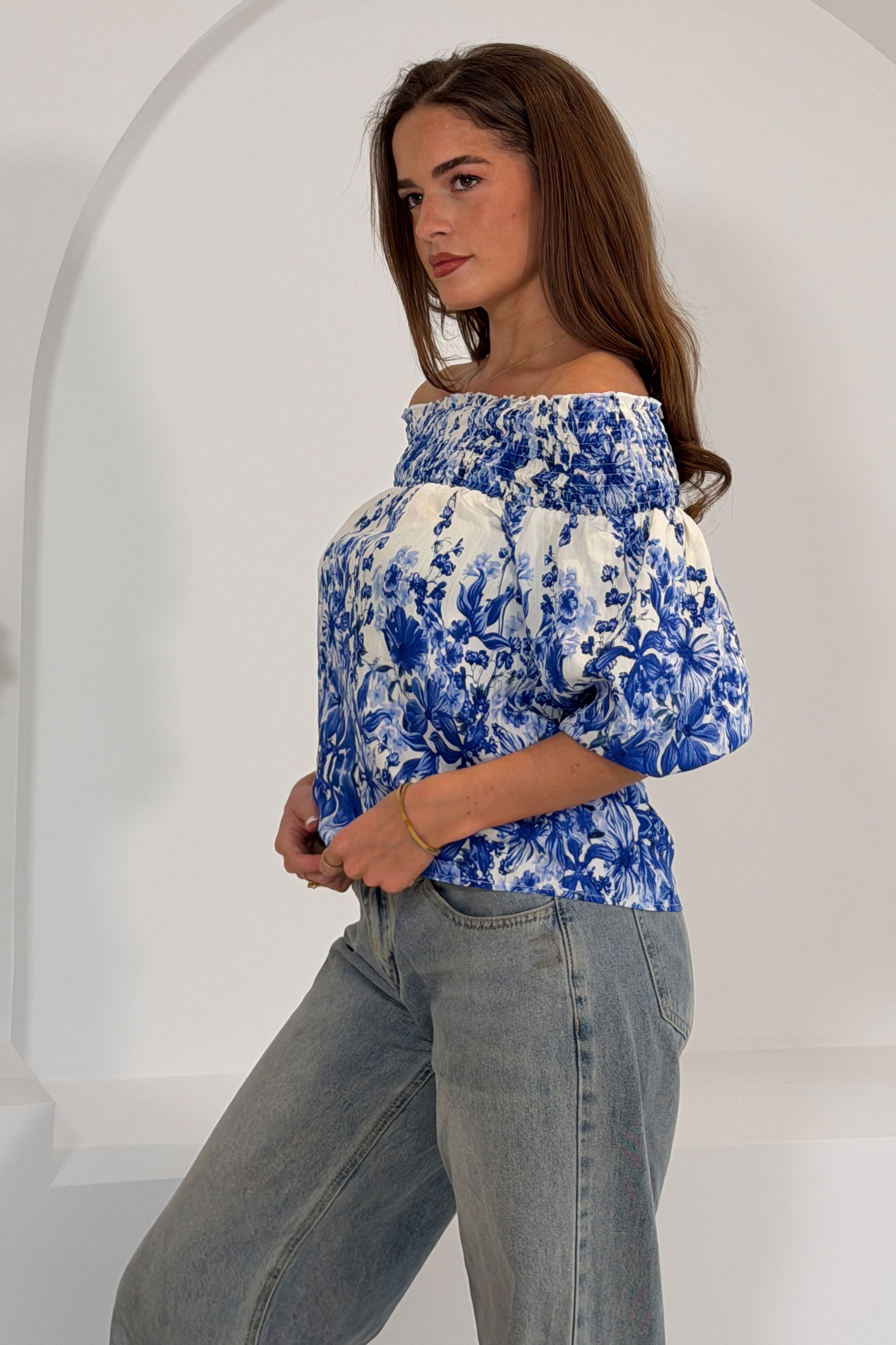 Candace Shirred Bardot Blue Floral Top