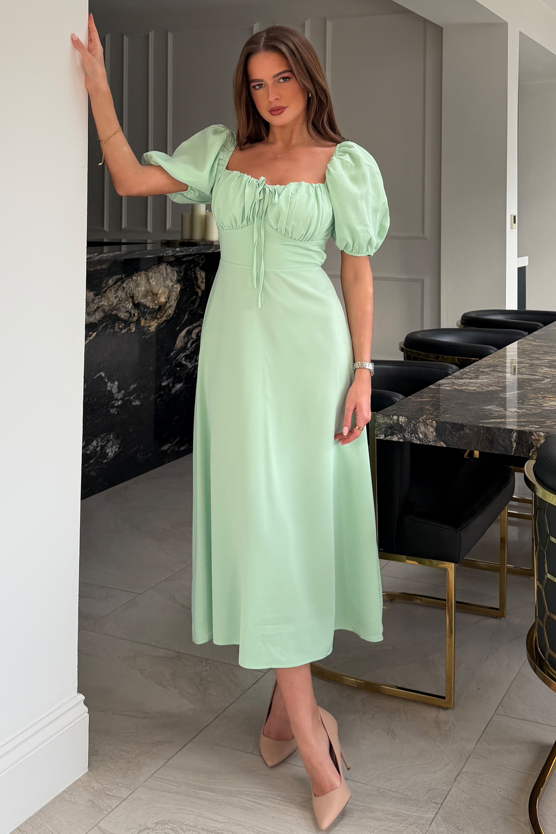 knee length dresses for ladies Nadia Long Sleeve Fishtail Midi Dress Mint main image 0