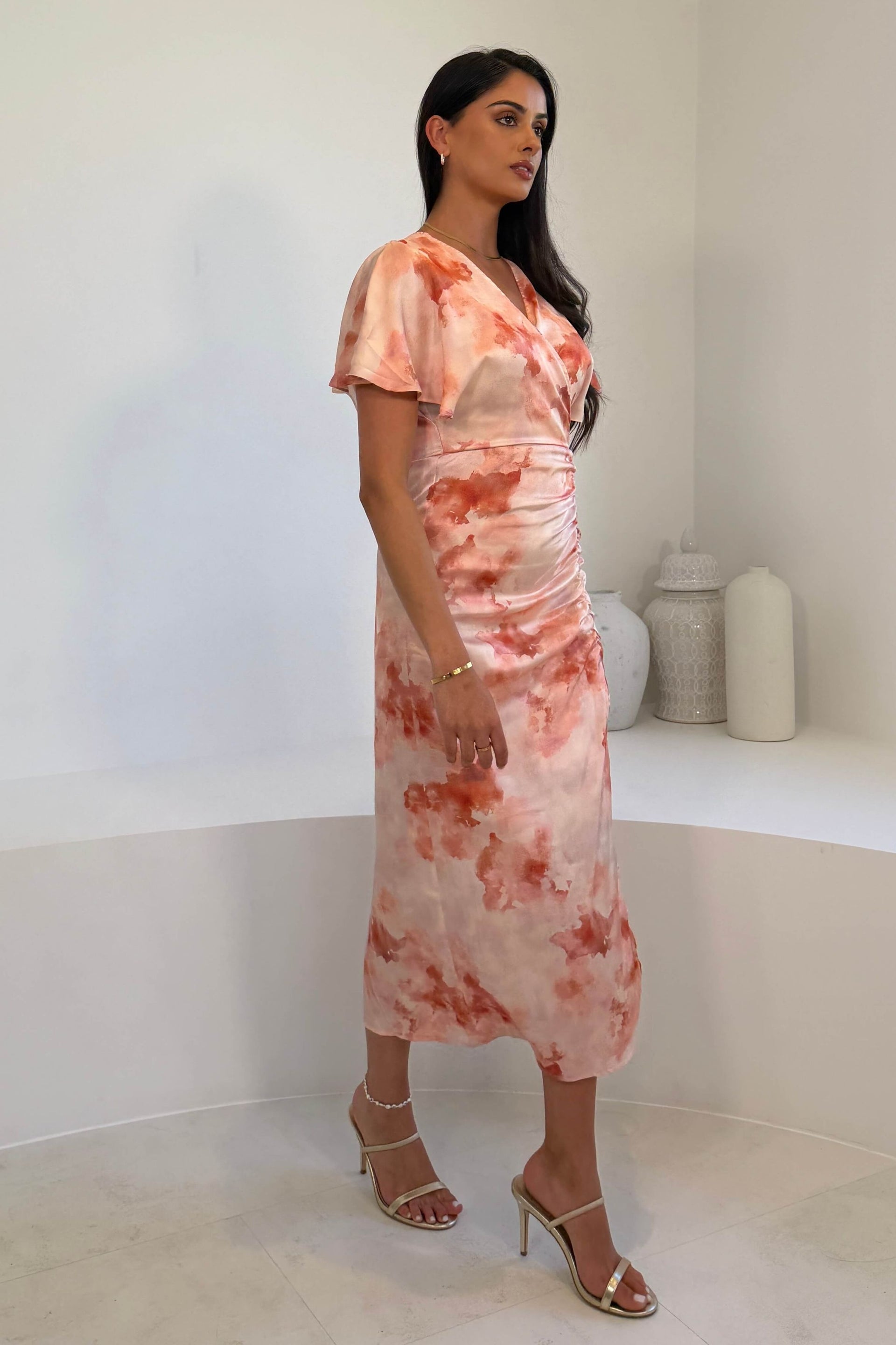 Priscilla Wrap Over Ruched Detail Midi Dress Pink Marble