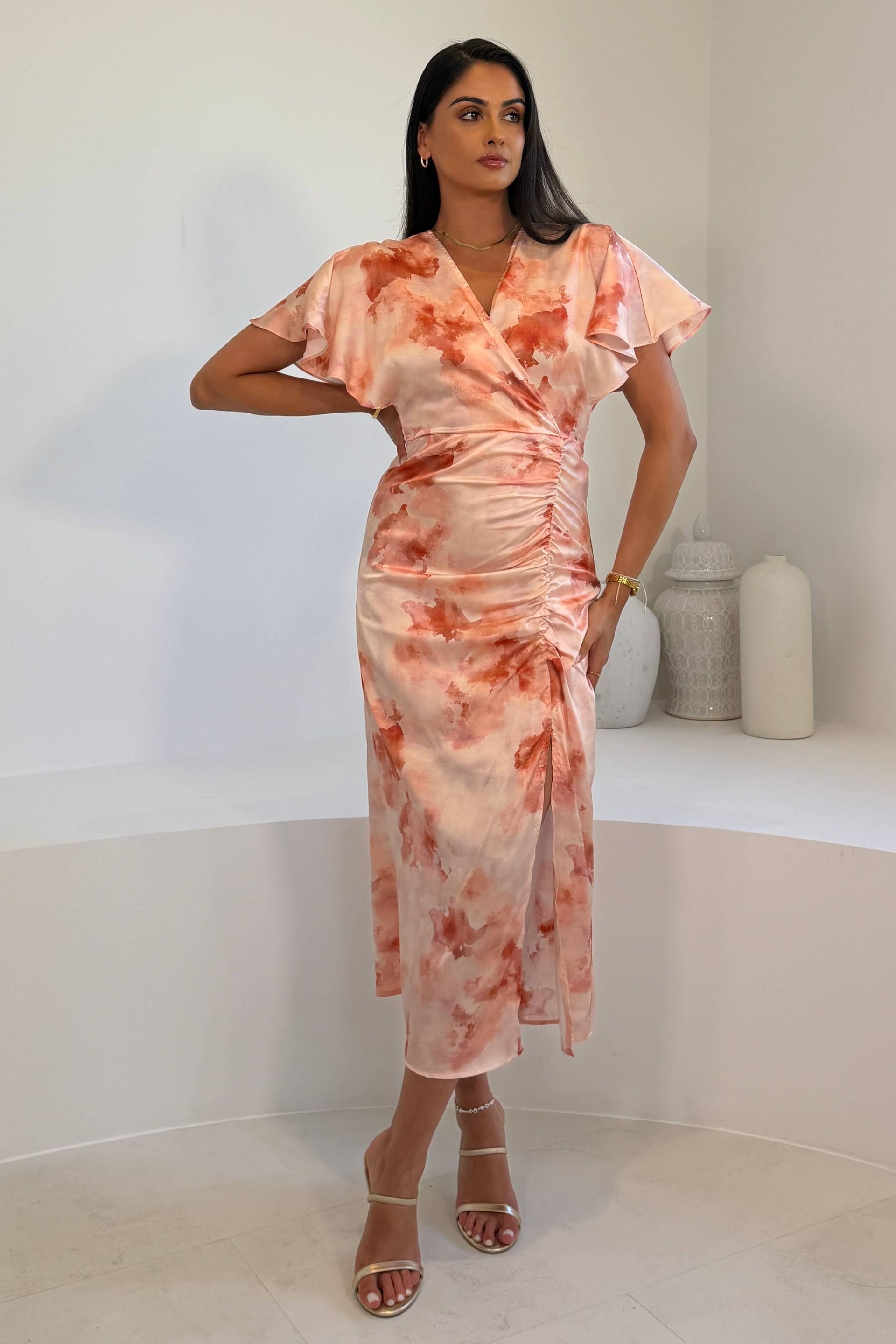 Priscilla Wrap Over Ruched Detail Midi Dress Pink Marble