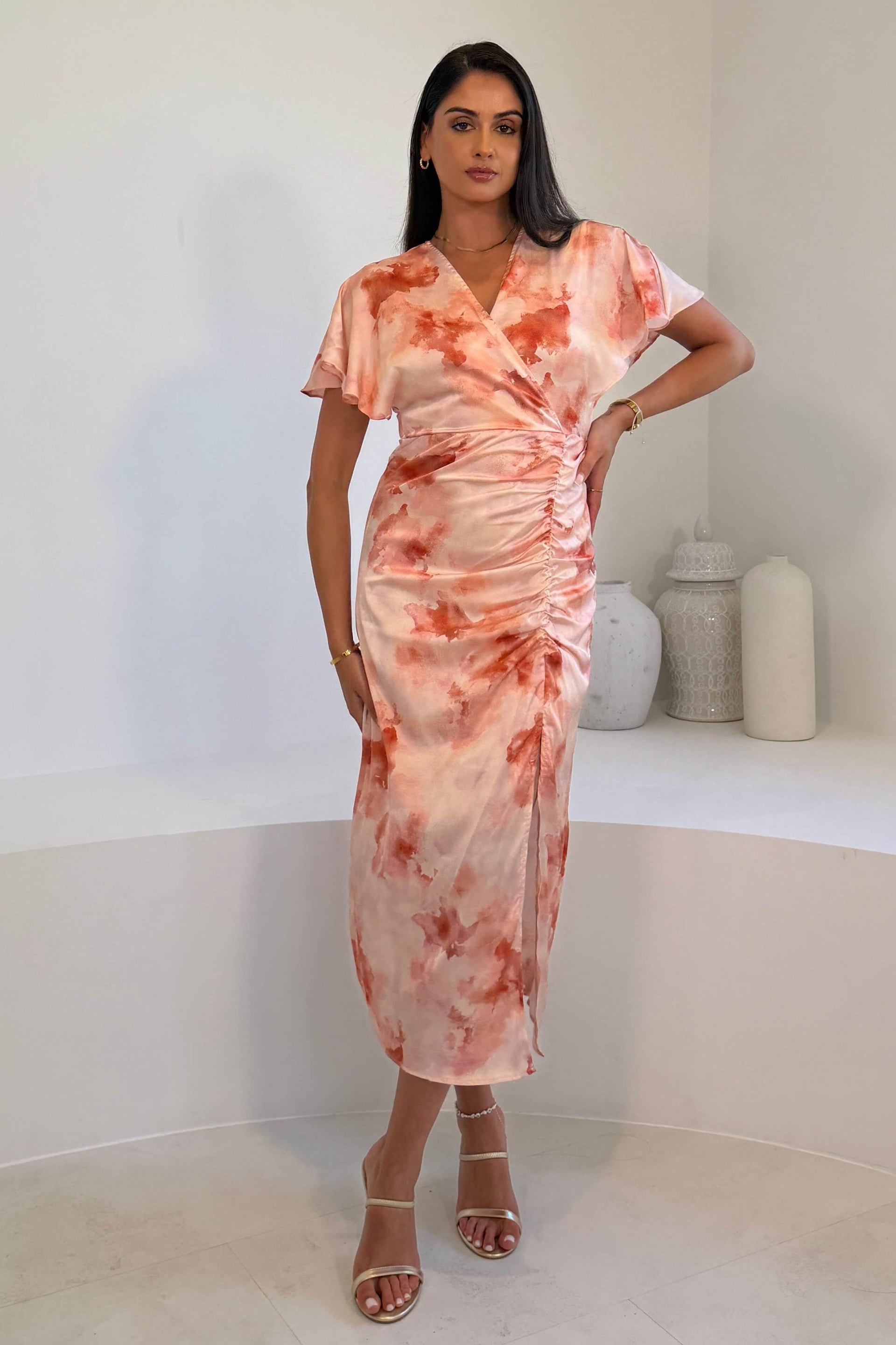 Priscilla Wrap Over Ruched Detail Midi Dress Pink Marble