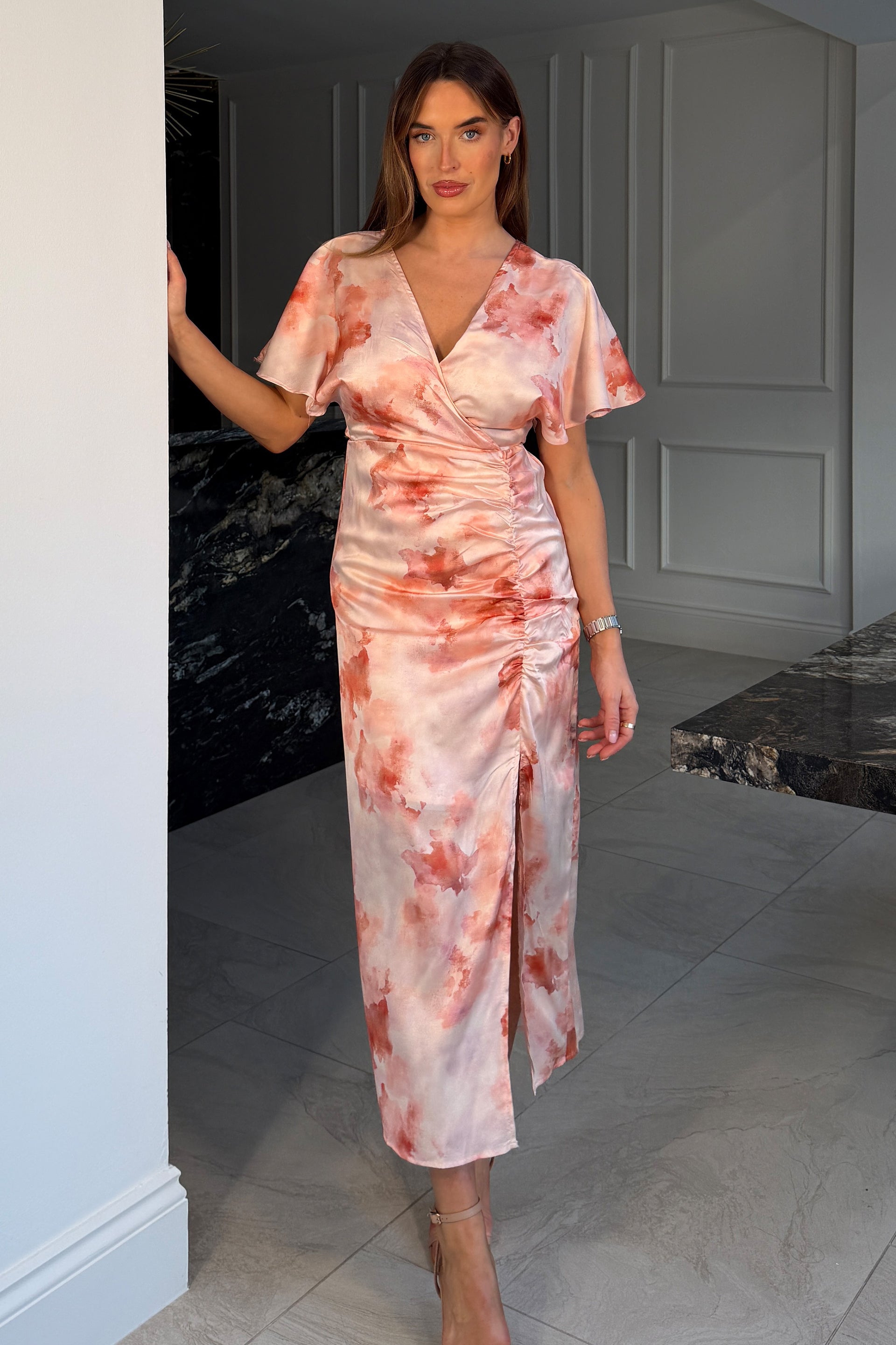 Priscilla Wrap Over Ruched Detail Midi Dress Pink Marble