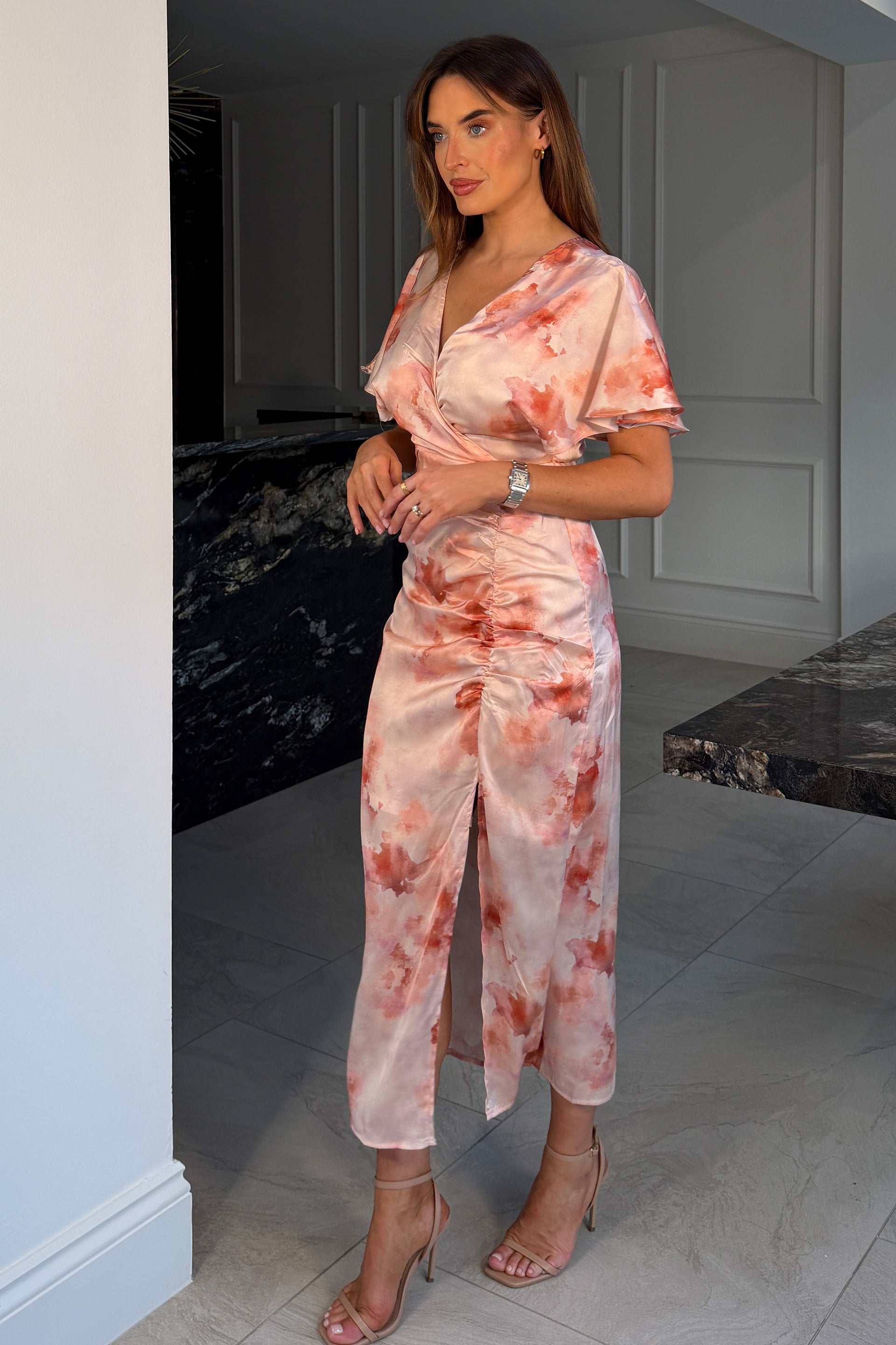 Priscilla Wrap Over Ruched Detail Midi Dress Pink Marble
