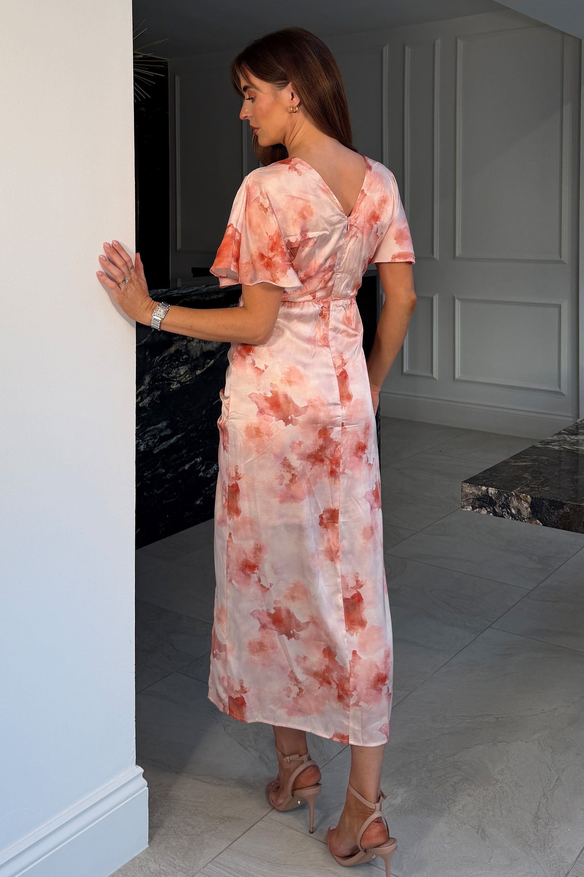 Priscilla Wrap Over Ruched Detail Midi Dress Pink Marble