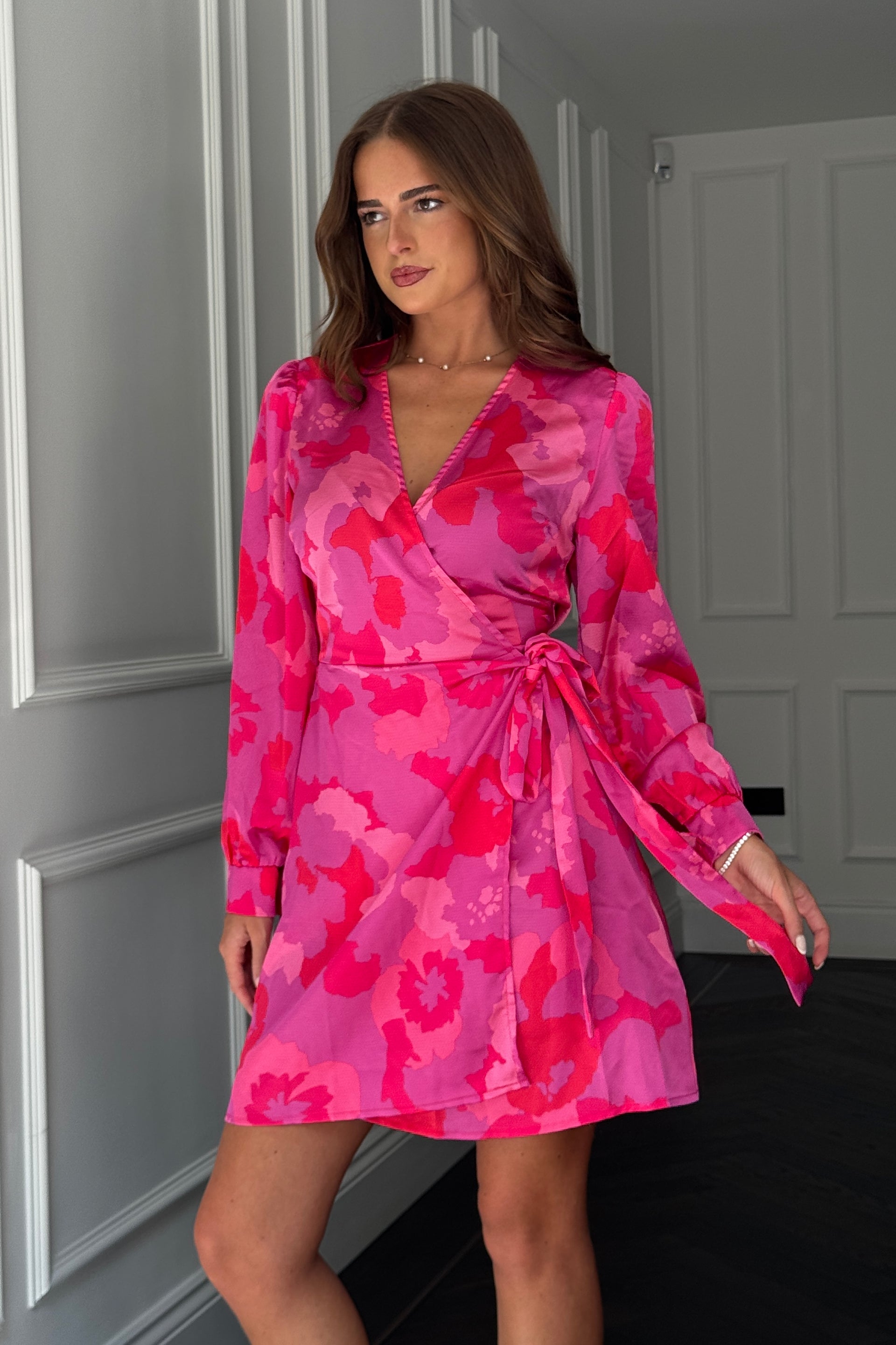 Jenny Long Sleeve Wrap Mini Dress Pink Floral Girl In Mind Jenny Long Sleeve Wrap Mini Dress Pink Floral Girl In Mind
