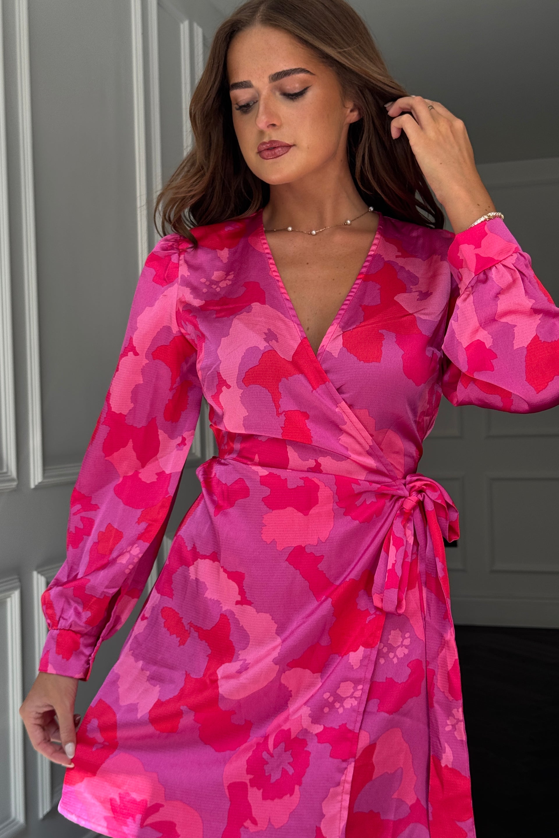 Jenny Long Sleeve Wrap Mini Dress Pink Floral Girl In Mind Jenny Long Sleeve Wrap Mini Dress Pink Floral Girl In Mind