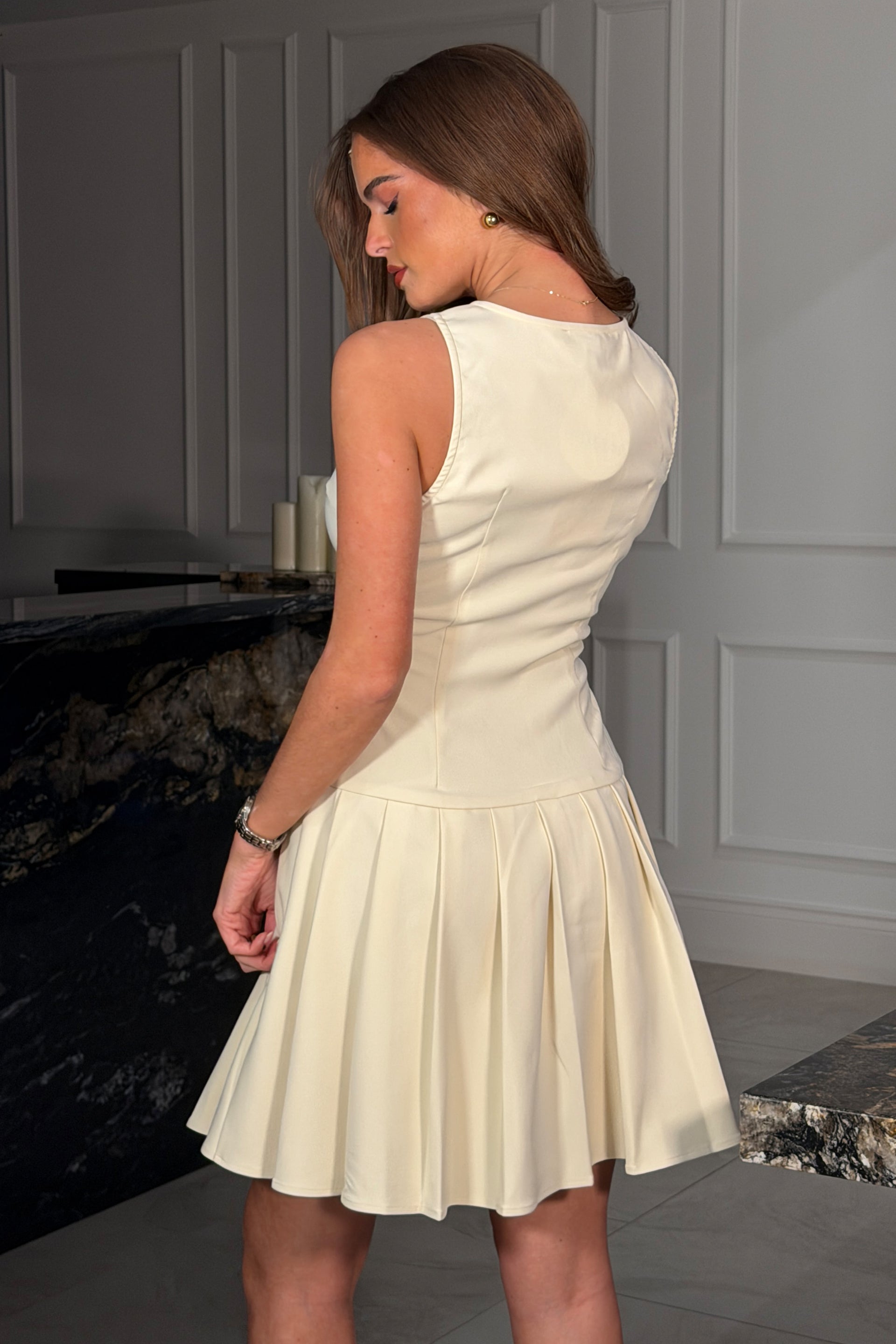 Penelope Tailored Pleated Mini Dress Cream