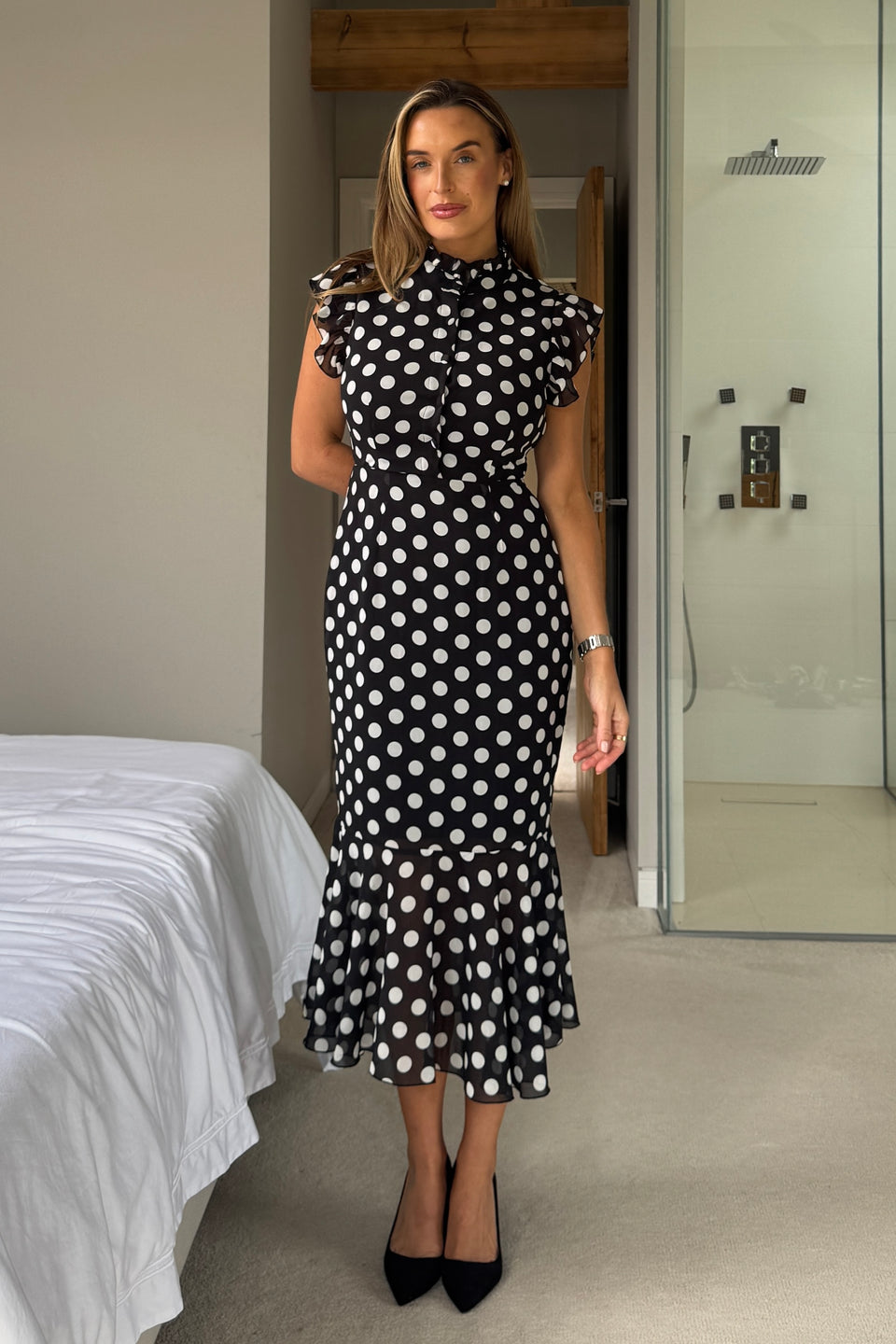 Hannah Frill Sleeve Button Front Midi Dress Black Spot