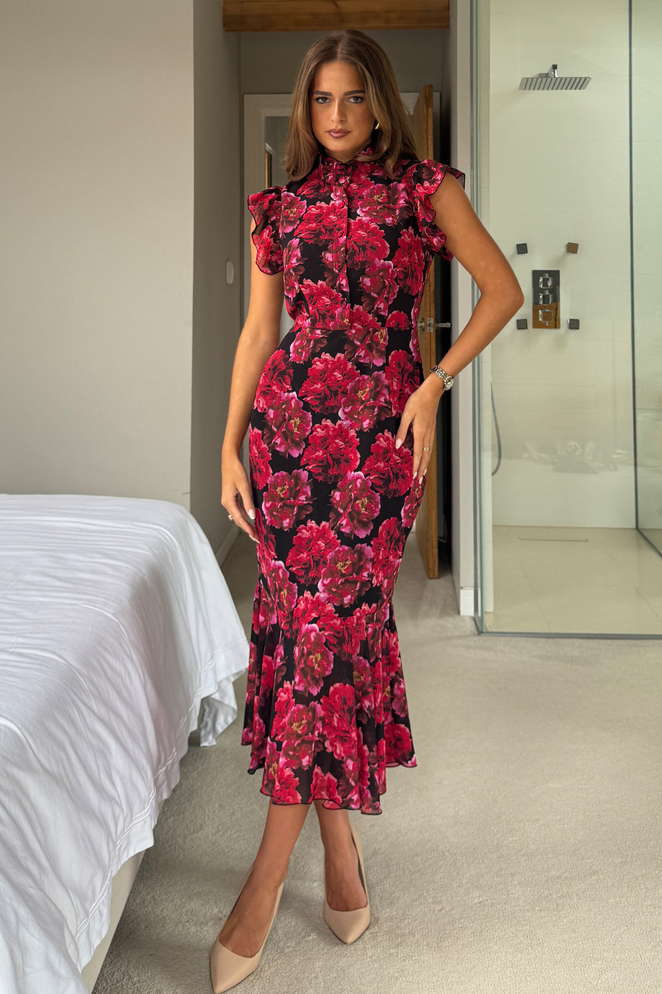 Hannah Frill Sleeve Button Front Midi Dress Black Floral