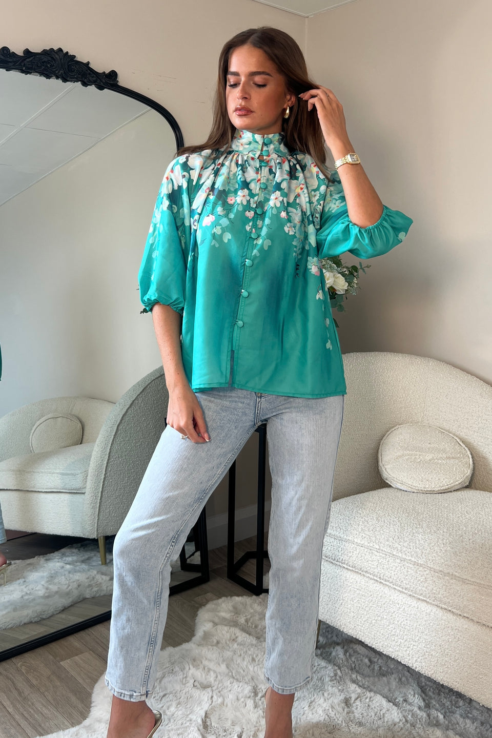 Tracey Balloon Sleeve High Neck Blouse