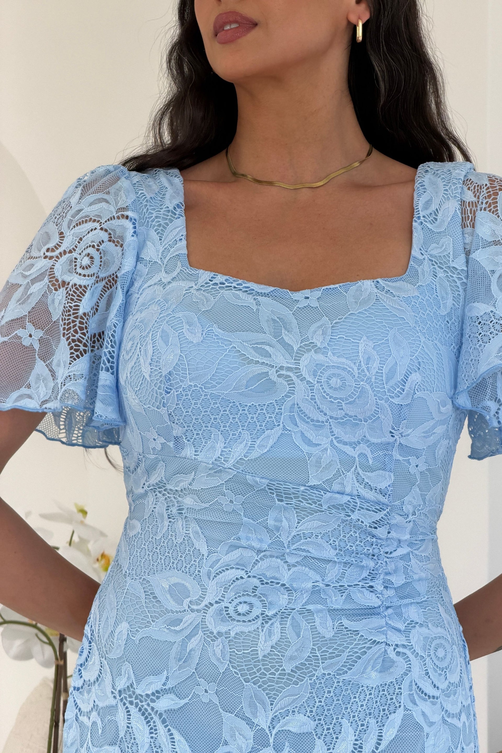 Heidi Sky Lace Ruched Midi Dress