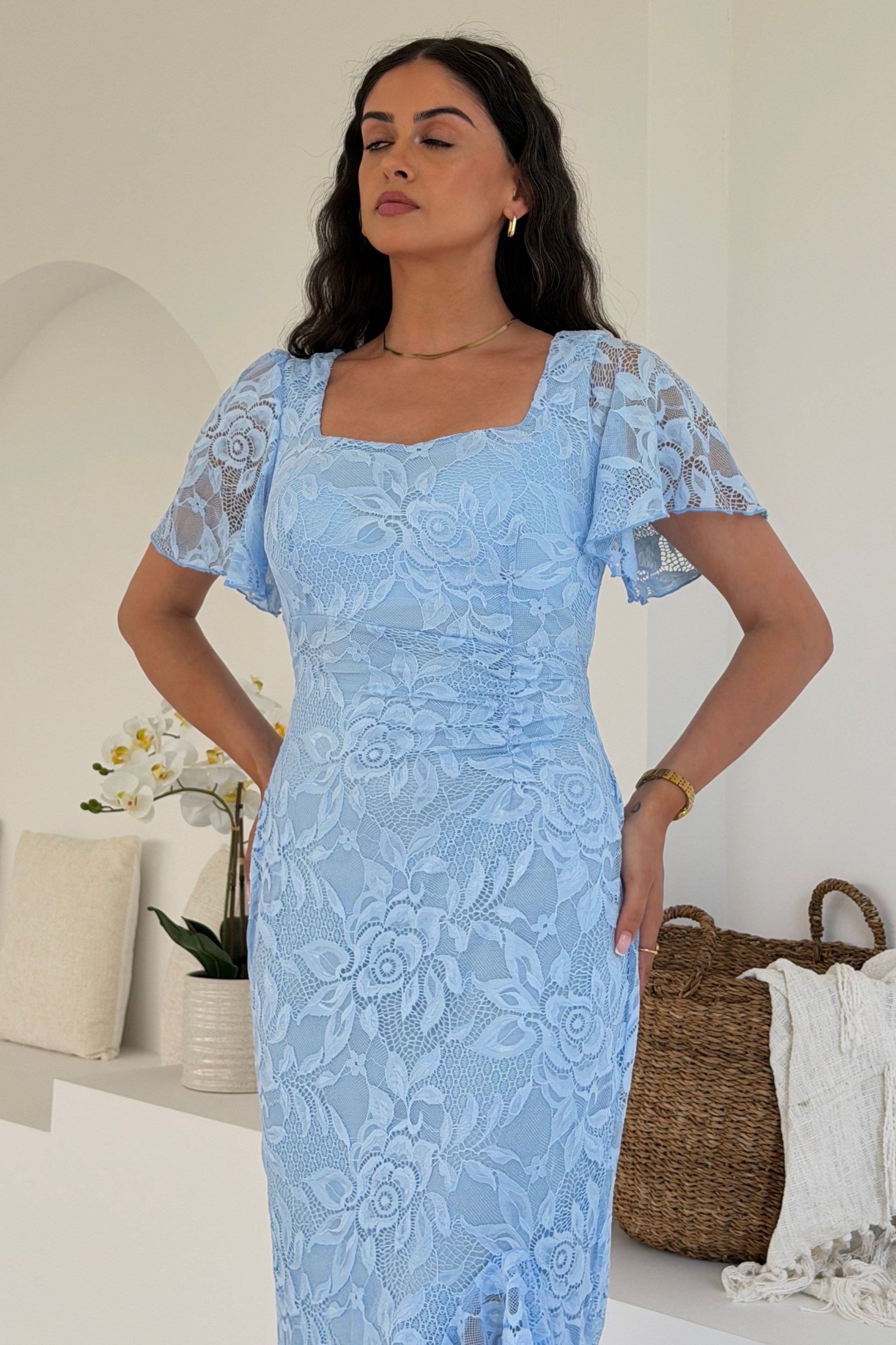 Heidi Sky Lace Ruched Midi Dress