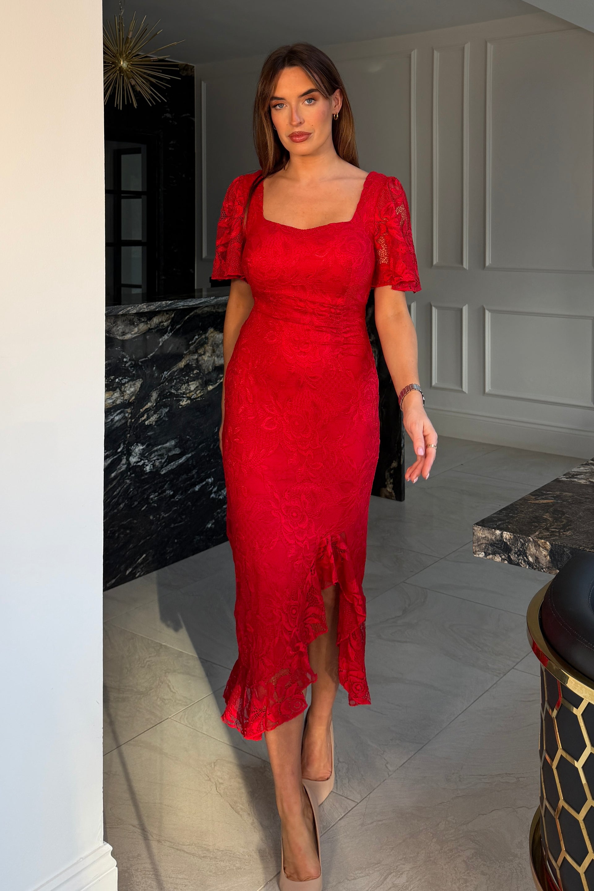 Heidi Red Lace Ruched Midi Dress