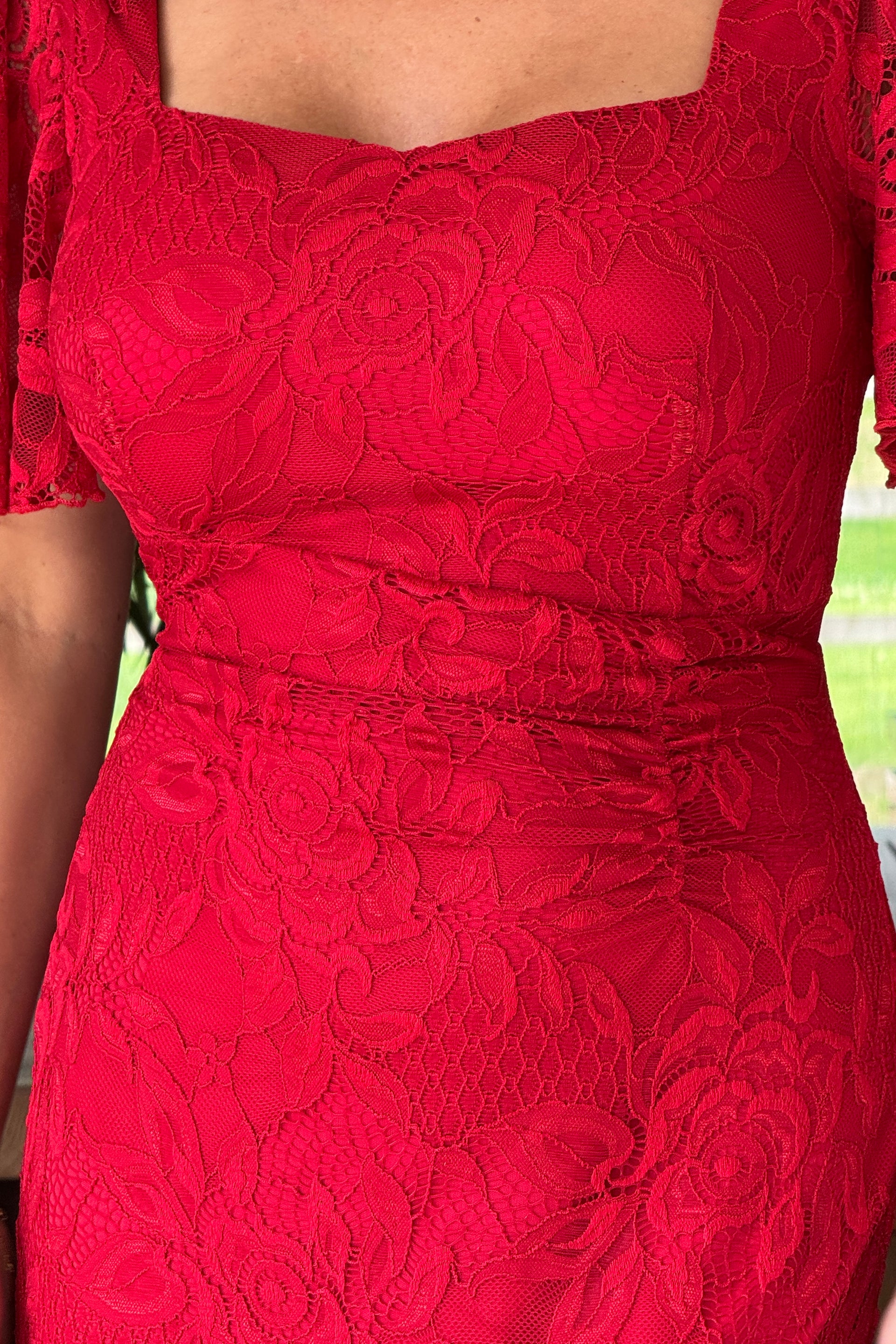 Heidi Red Lace Ruched Midi Dress