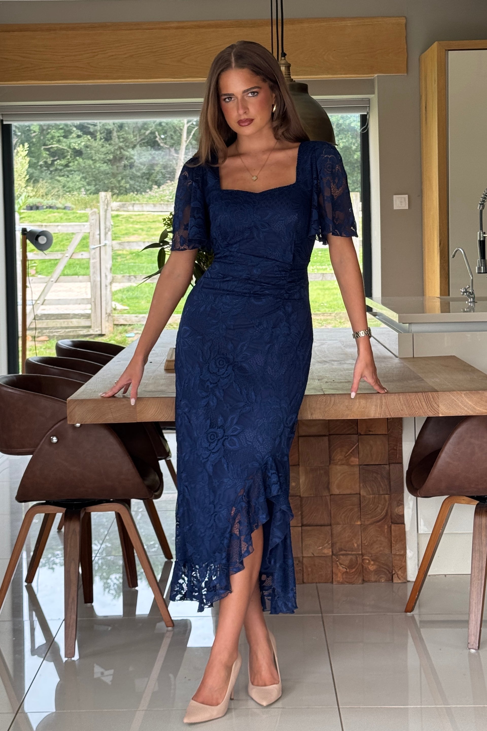 Heidi Navy Lace Ruched Midi Dress – Girl In Mind - Main Image