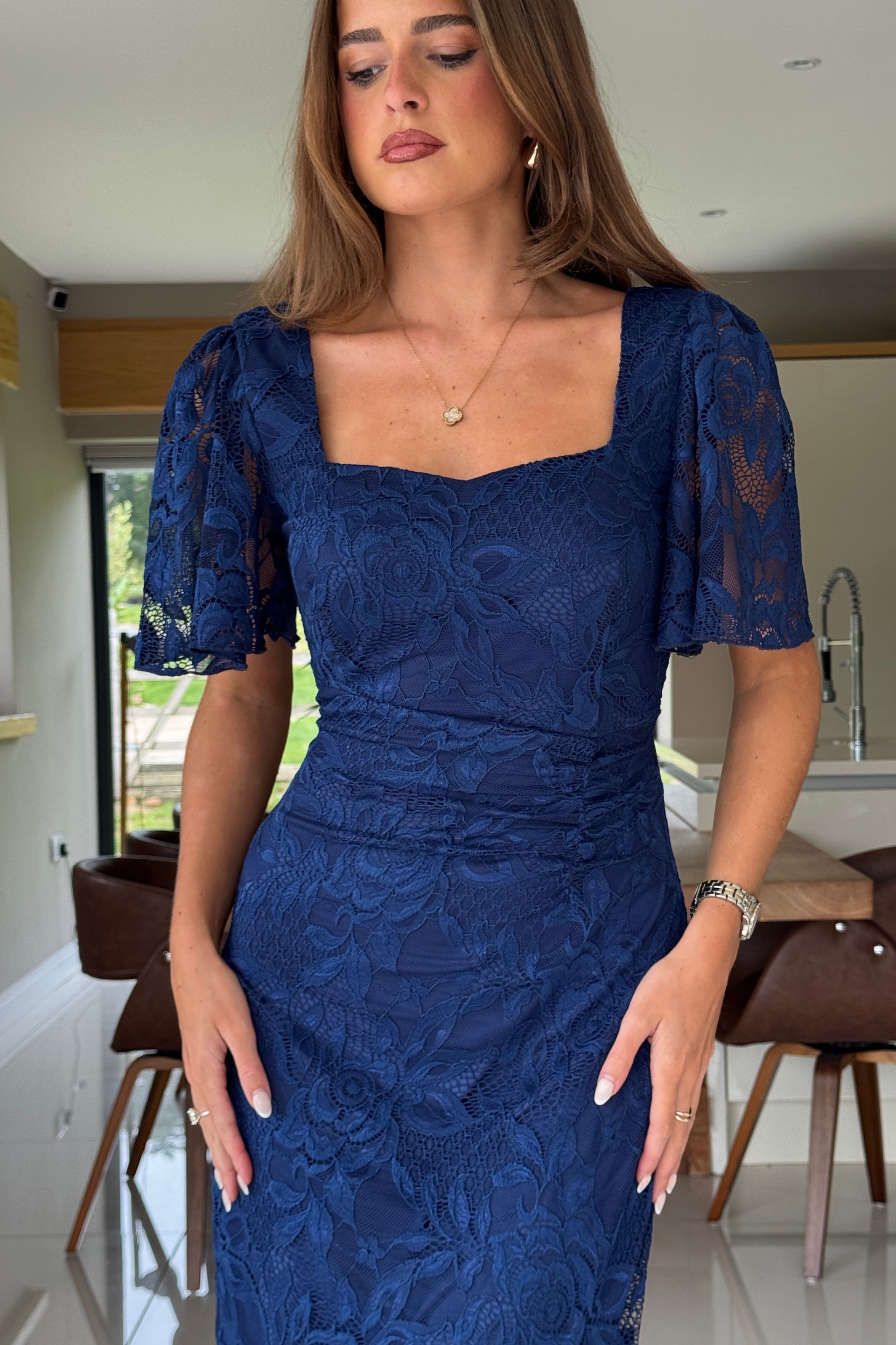 Heidi Navy Lace Ruched Midi Dress Girl In Mind Heidi Navy Lace Ruched Midi Dress Girl In Mind