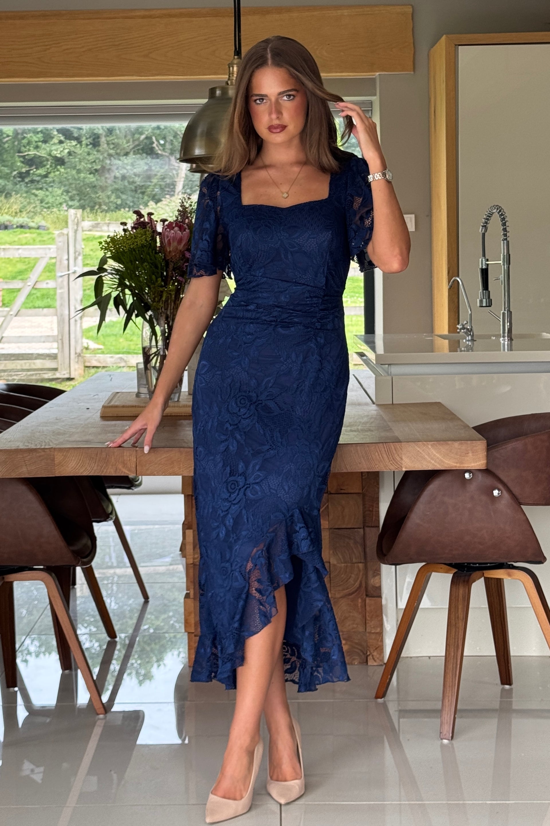 navy blue ruched midi dress Shelbie