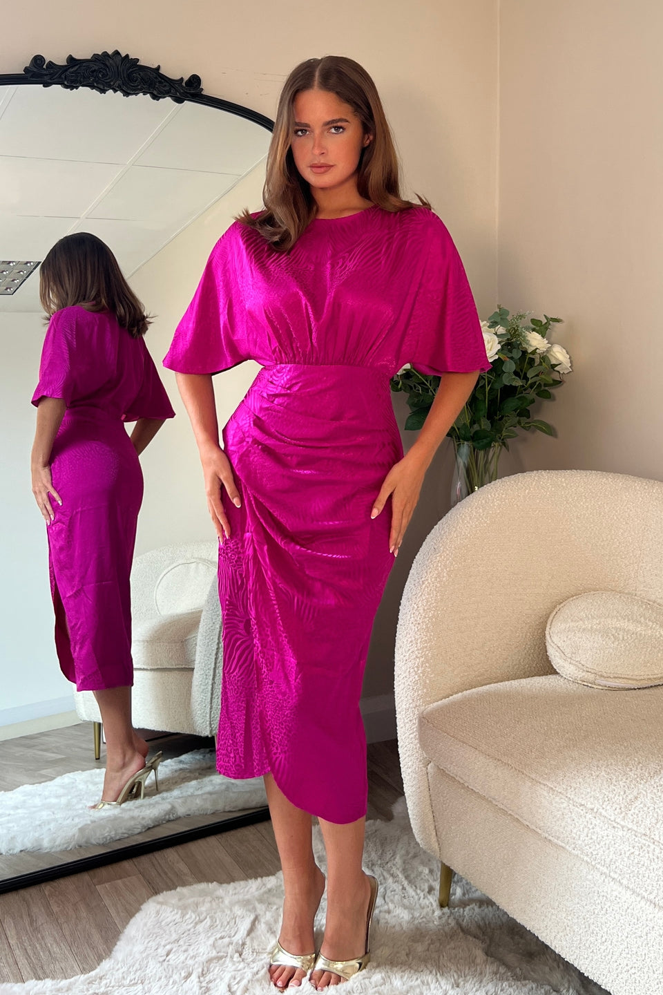 Shelly Pleated Skirt Batwing Midi Dress Dark Fuchsia