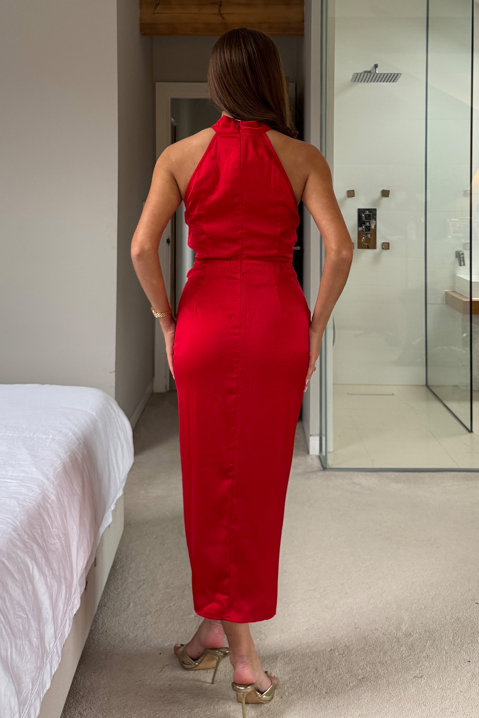 Maxine Ruched Detail Halterneck Midi Dress Red