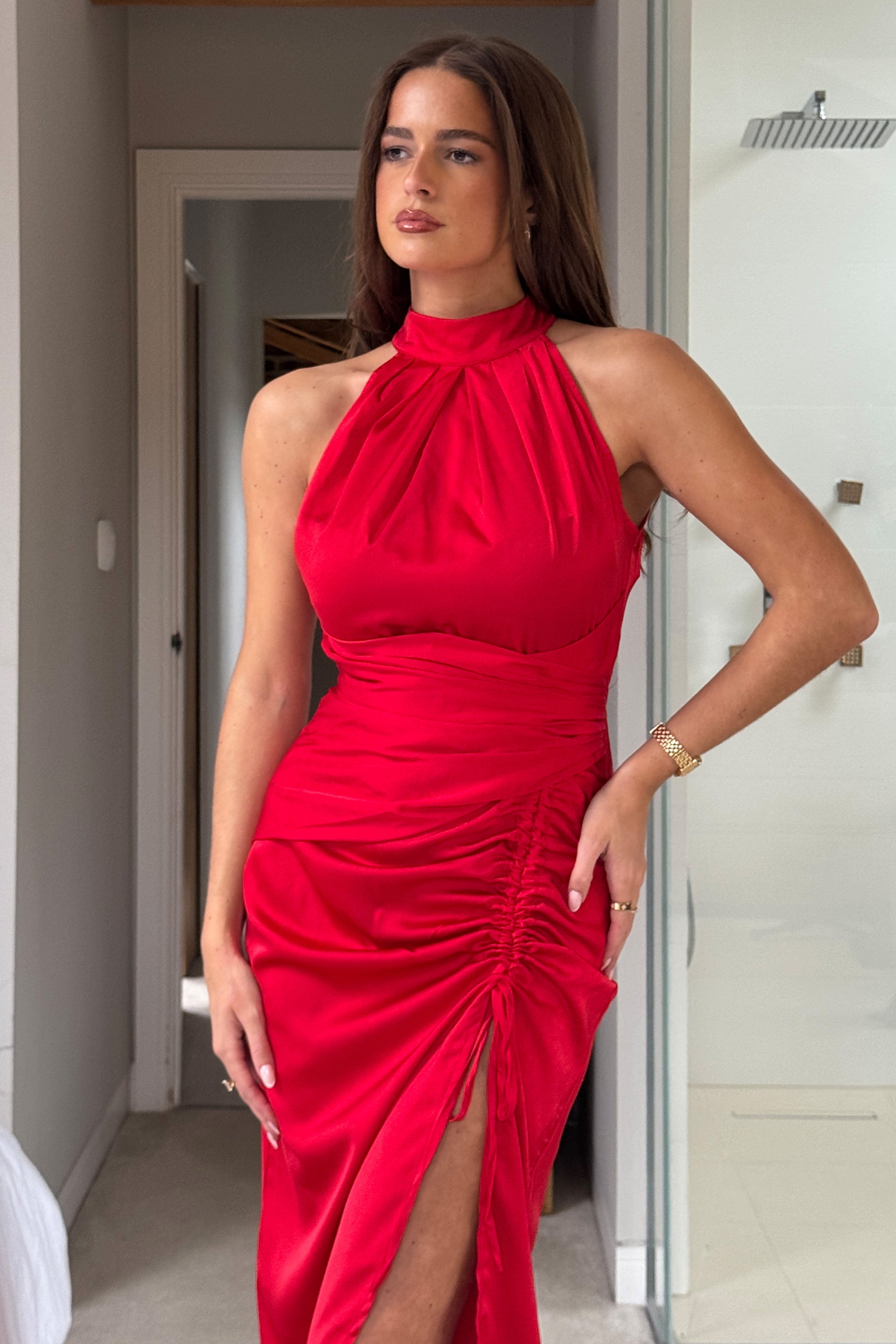 Maxine Ruched Detail Halterneck Midi Dress Red