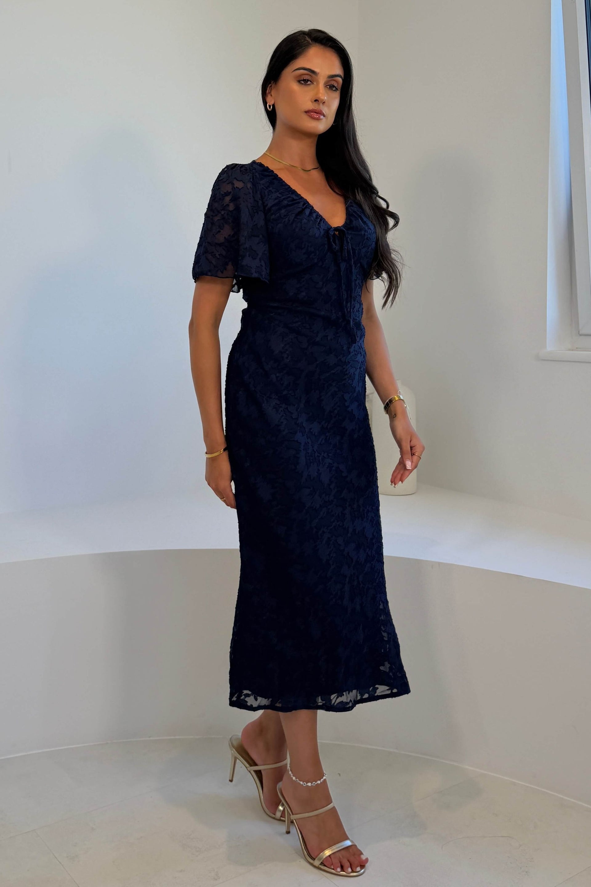 Maddy Gathered Neckline Navy Midi Dress