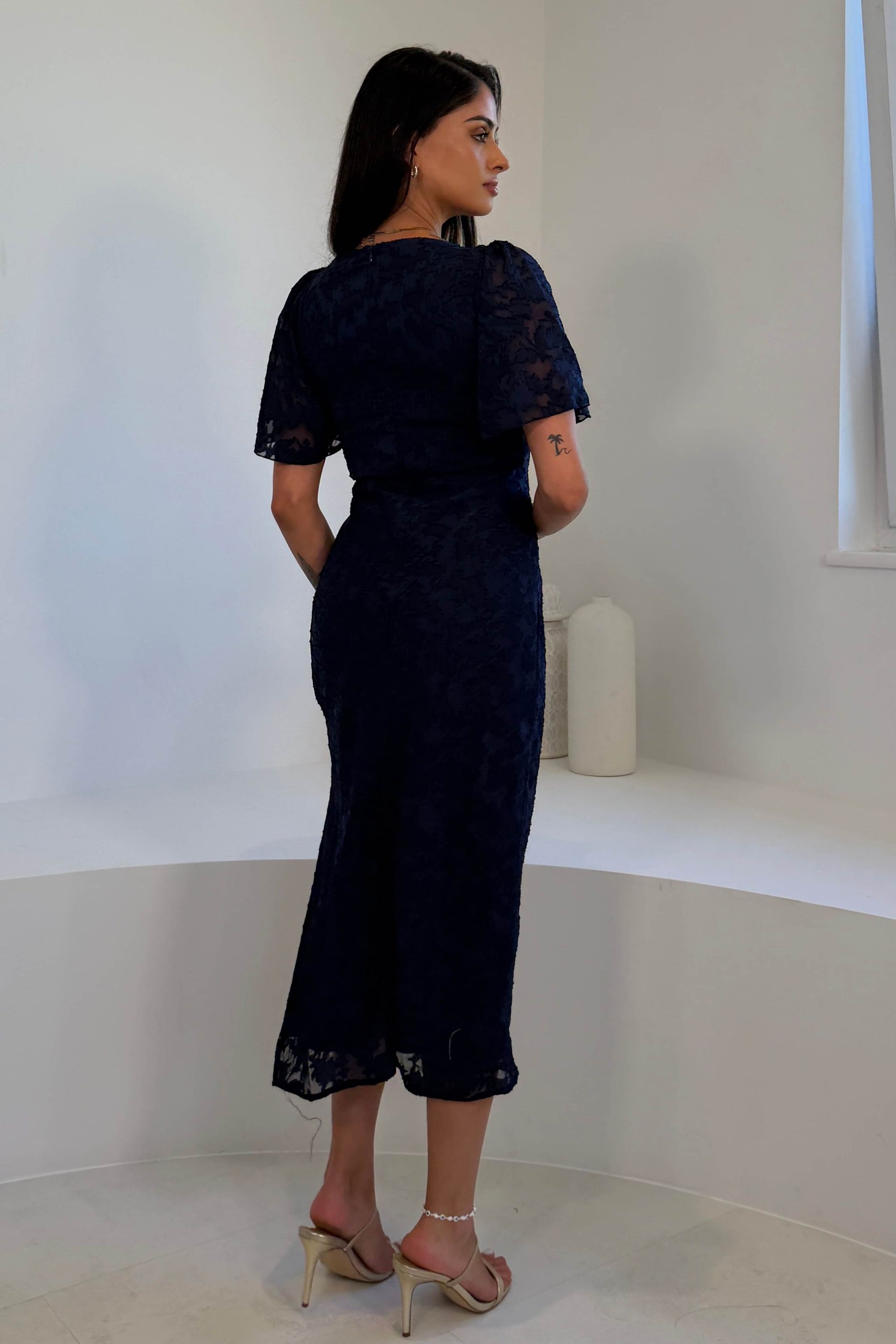 Maddy Gathered Neckline Navy Midi Dress