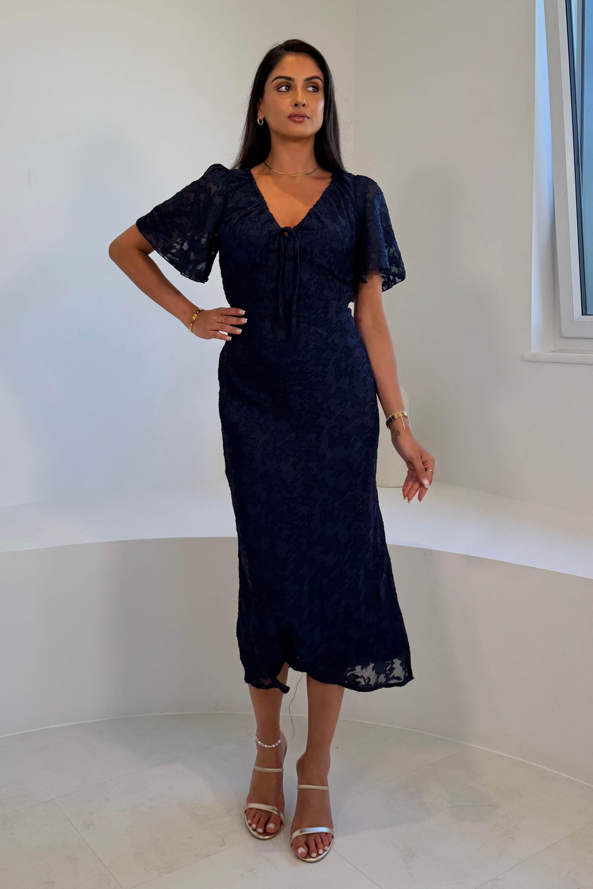 Maddy Gathered Neckline Navy Midi Dress
