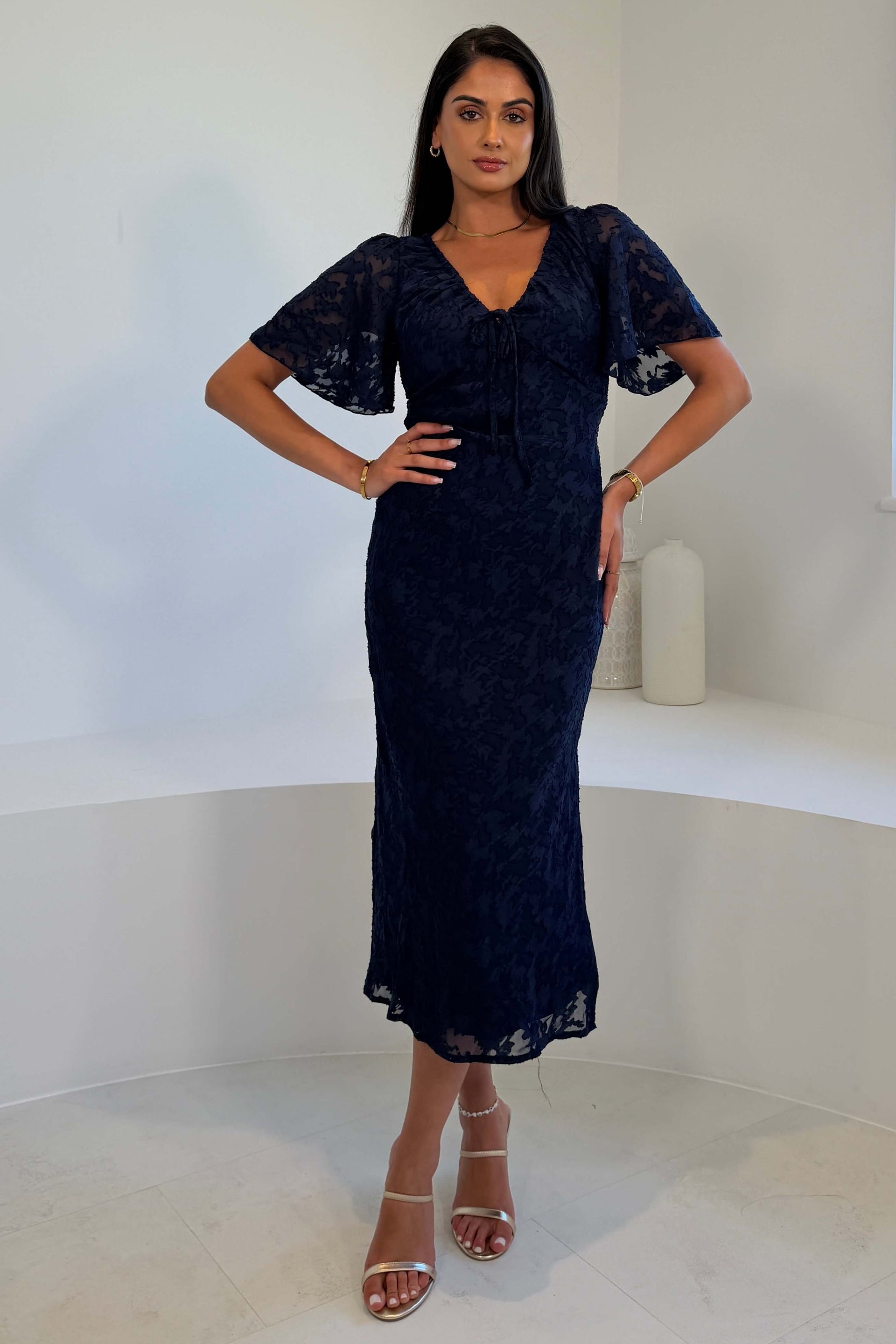 Maddy Gathered Neckline Navy Midi Dress