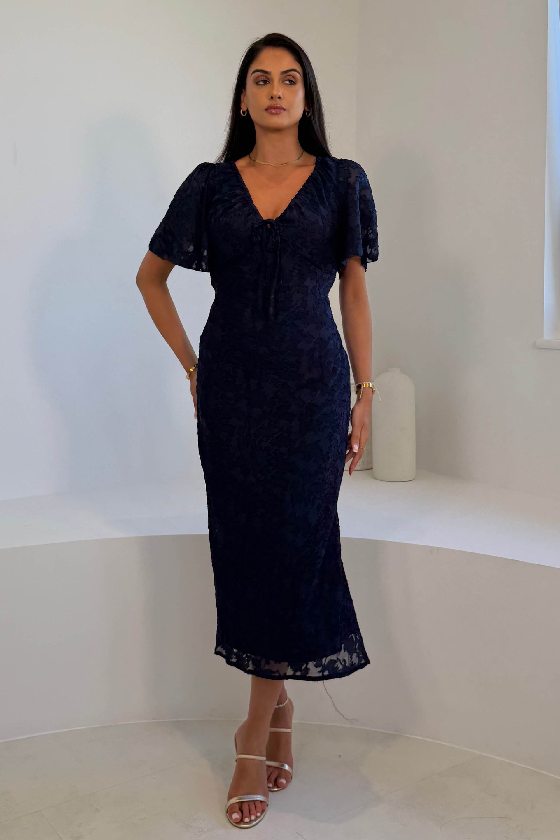 Maddy Gathered Neckline Navy Midi Dress