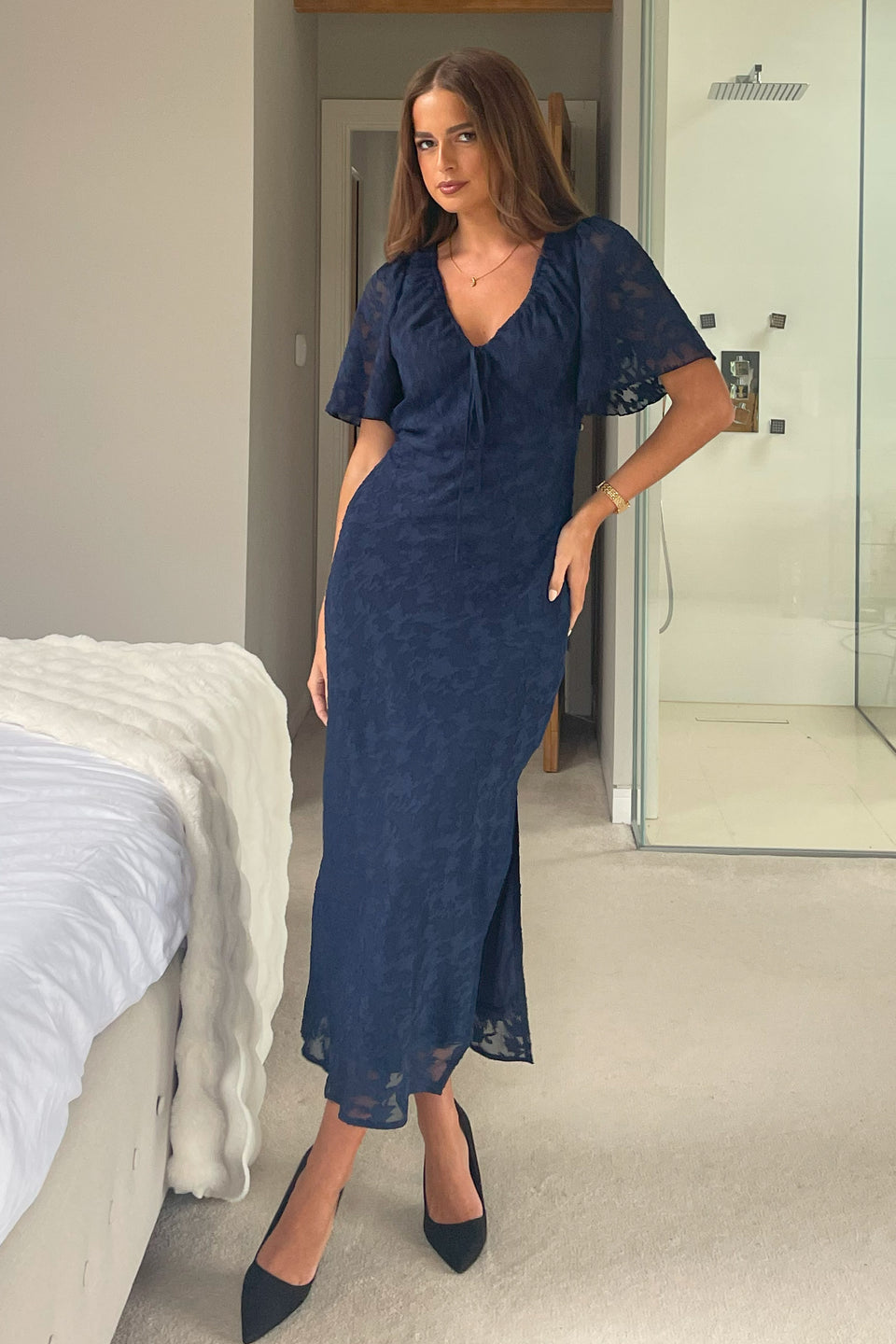Maddy Gathered Neckline Navy Midi Dress
