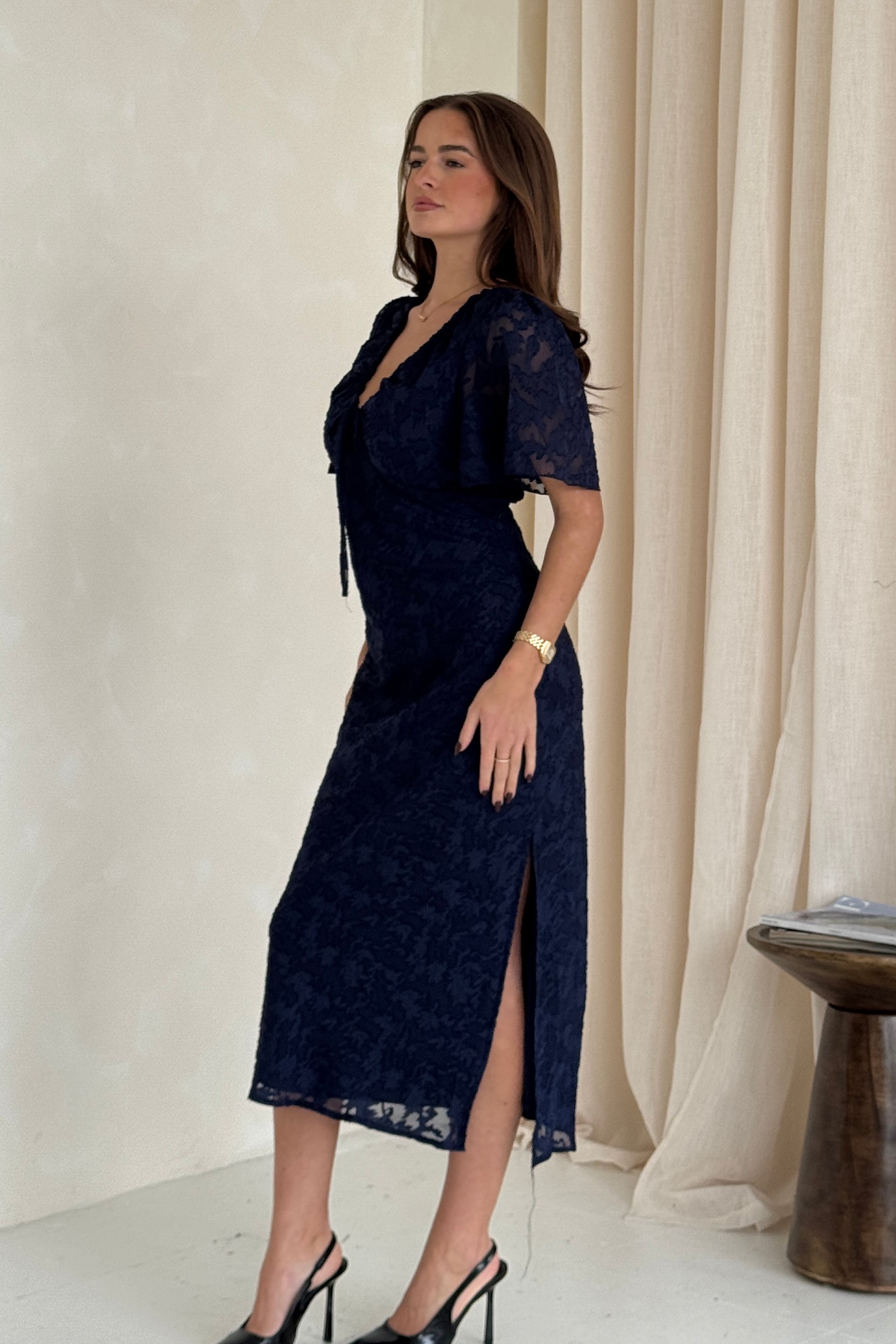 Maddy Gathered Neckline Navy Midi Dress