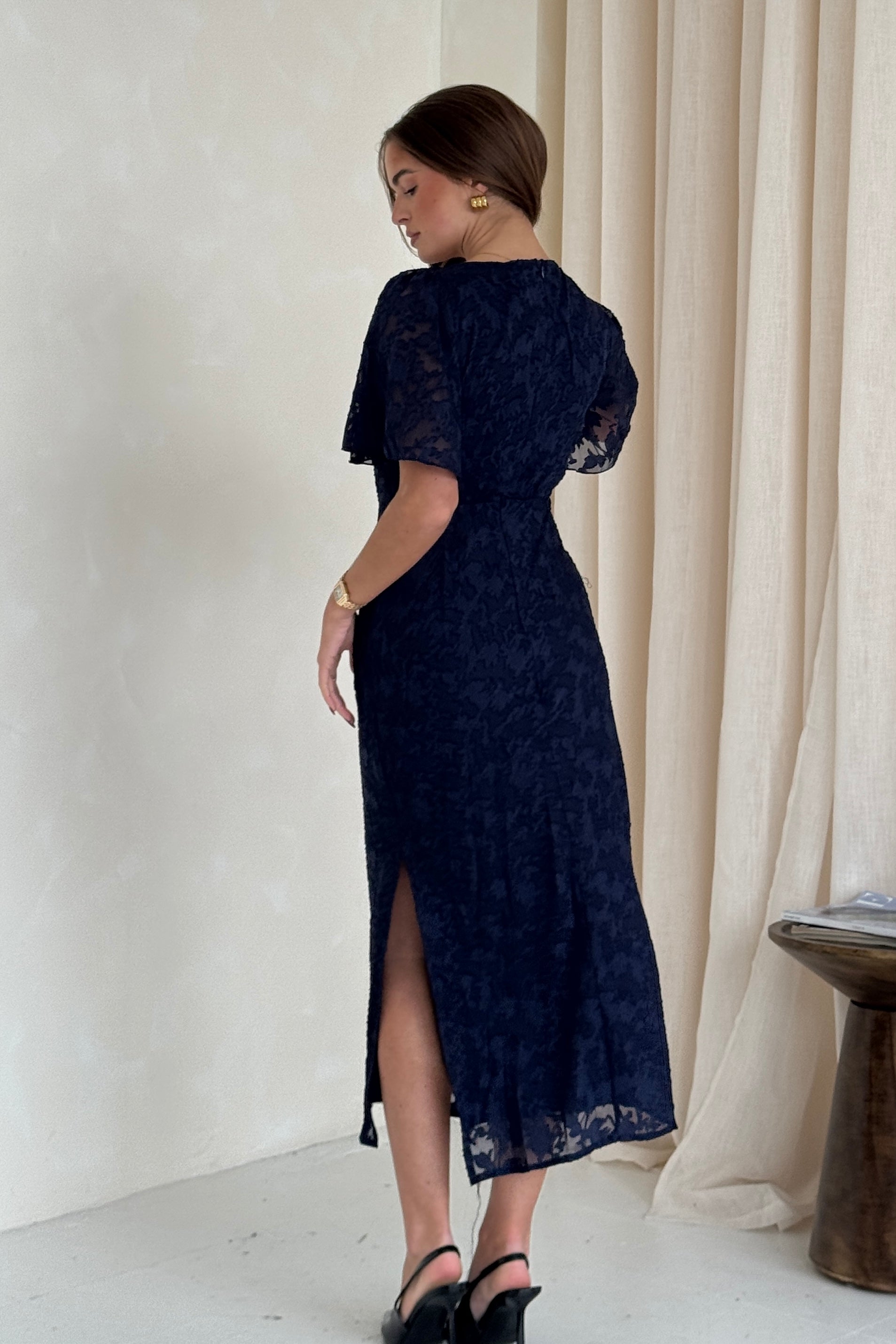 Maddy Gathered Neckline Navy Midi Dress