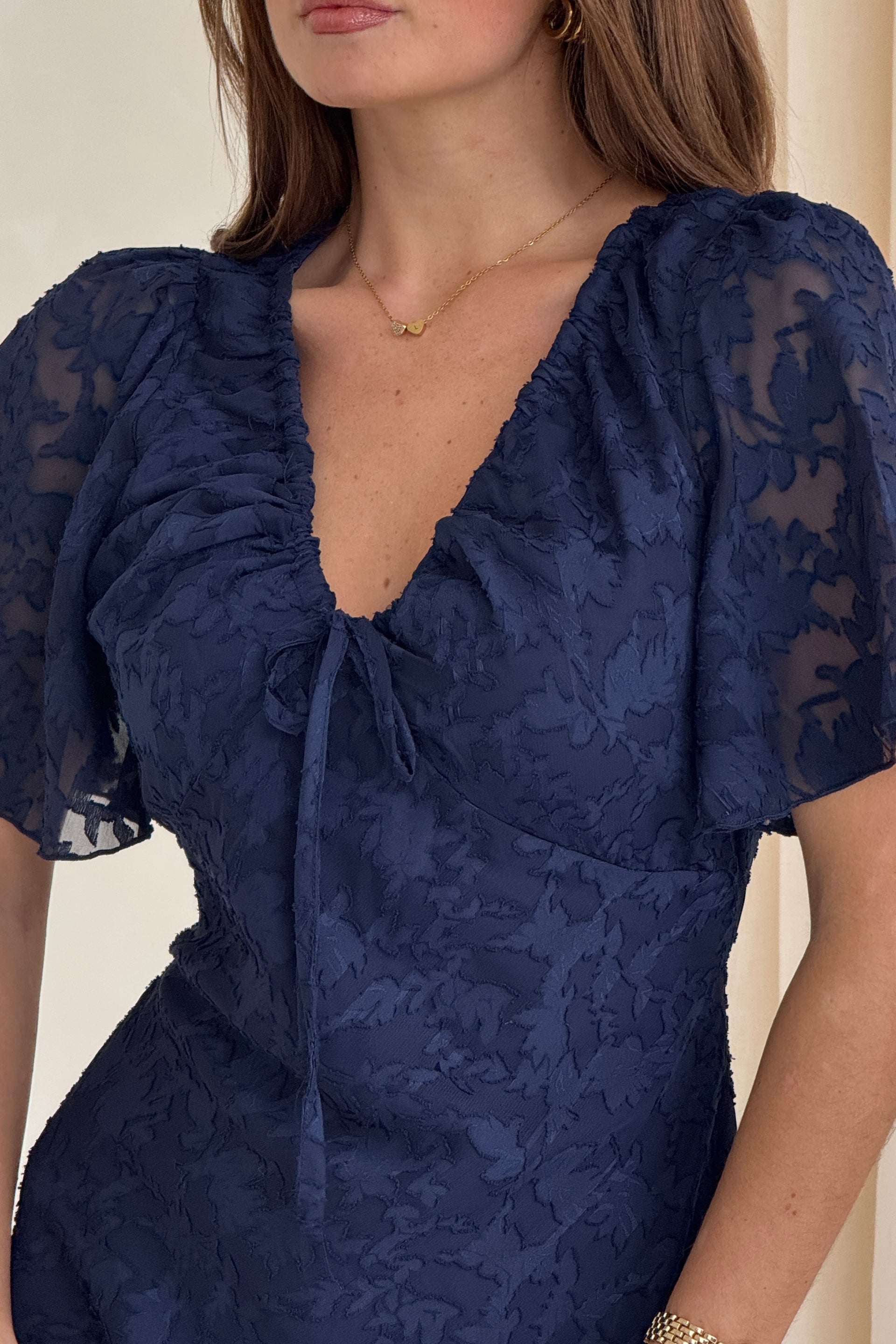 Maddy Gathered Neckline Navy Midi Dress