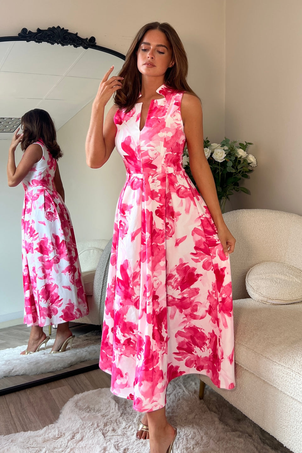 Ameya Notch Neck Sleeveless Midi Dress Pink Print