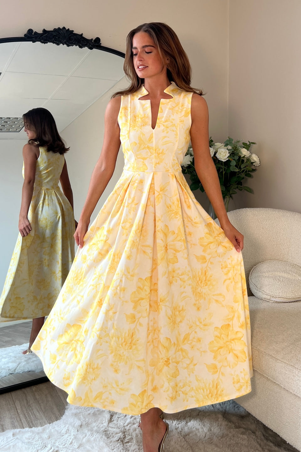 Ameya Notch Neck Sleeveless Midi Dress Yellow Print