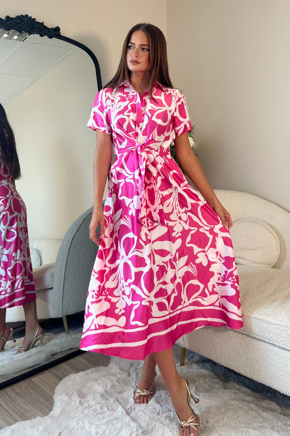 Carmen Pink Floral Tie Front Shirt Dress