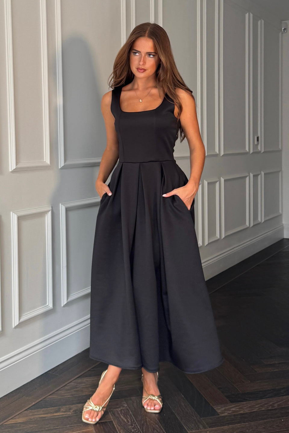 Erica Square Neck Pleated Midi Dress Black