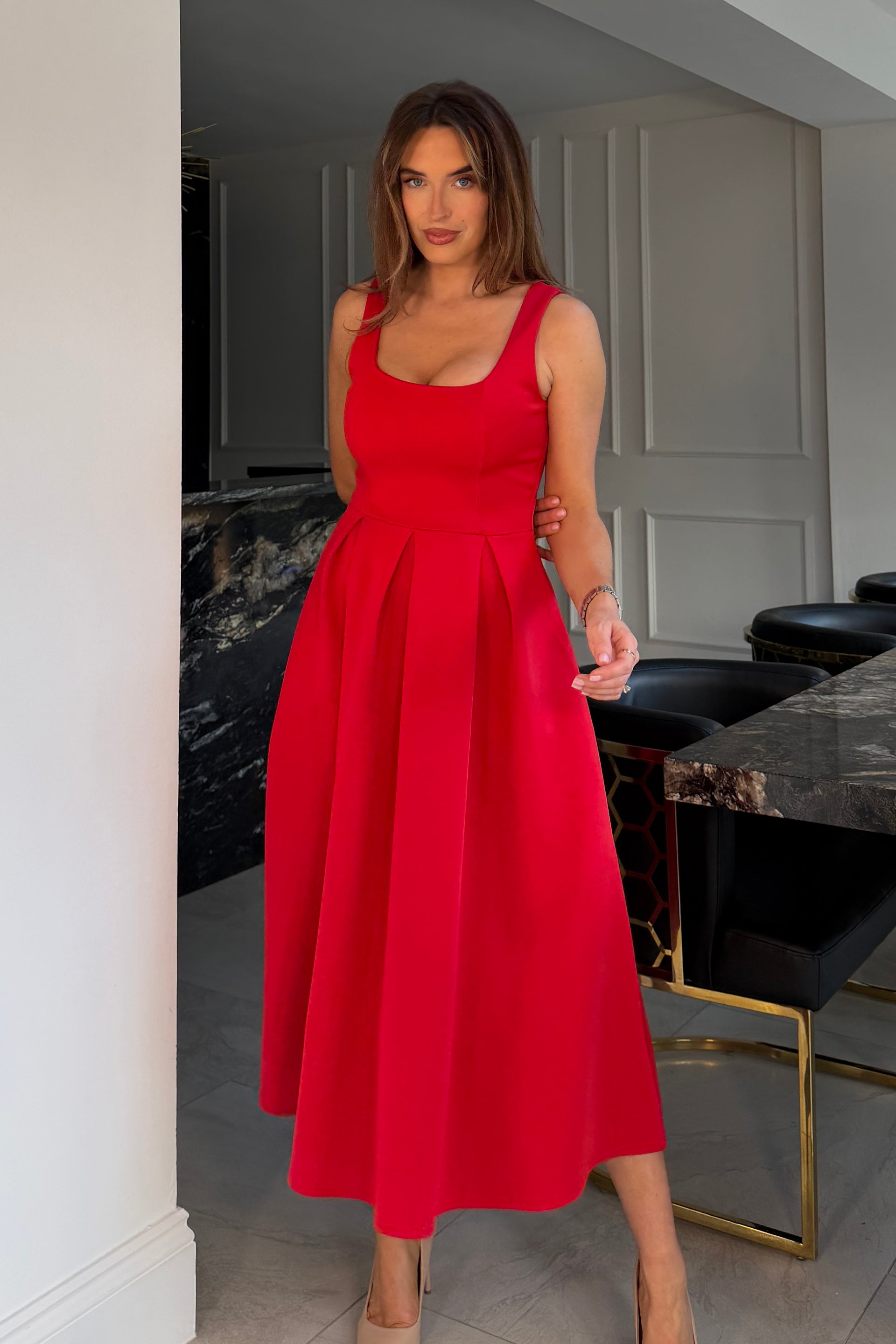 Erica Square Neck Pleated Midi Dress Red Girl In Mind Erica Square Neck Pleated Midi Dress Red Girl In Mind