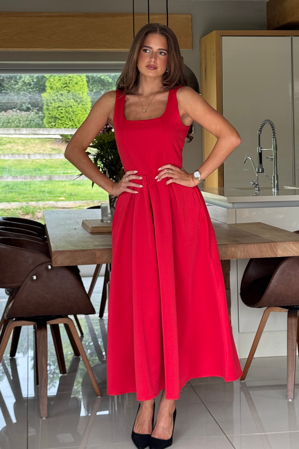 Erica Square Neck Pleated Midi Dress Red