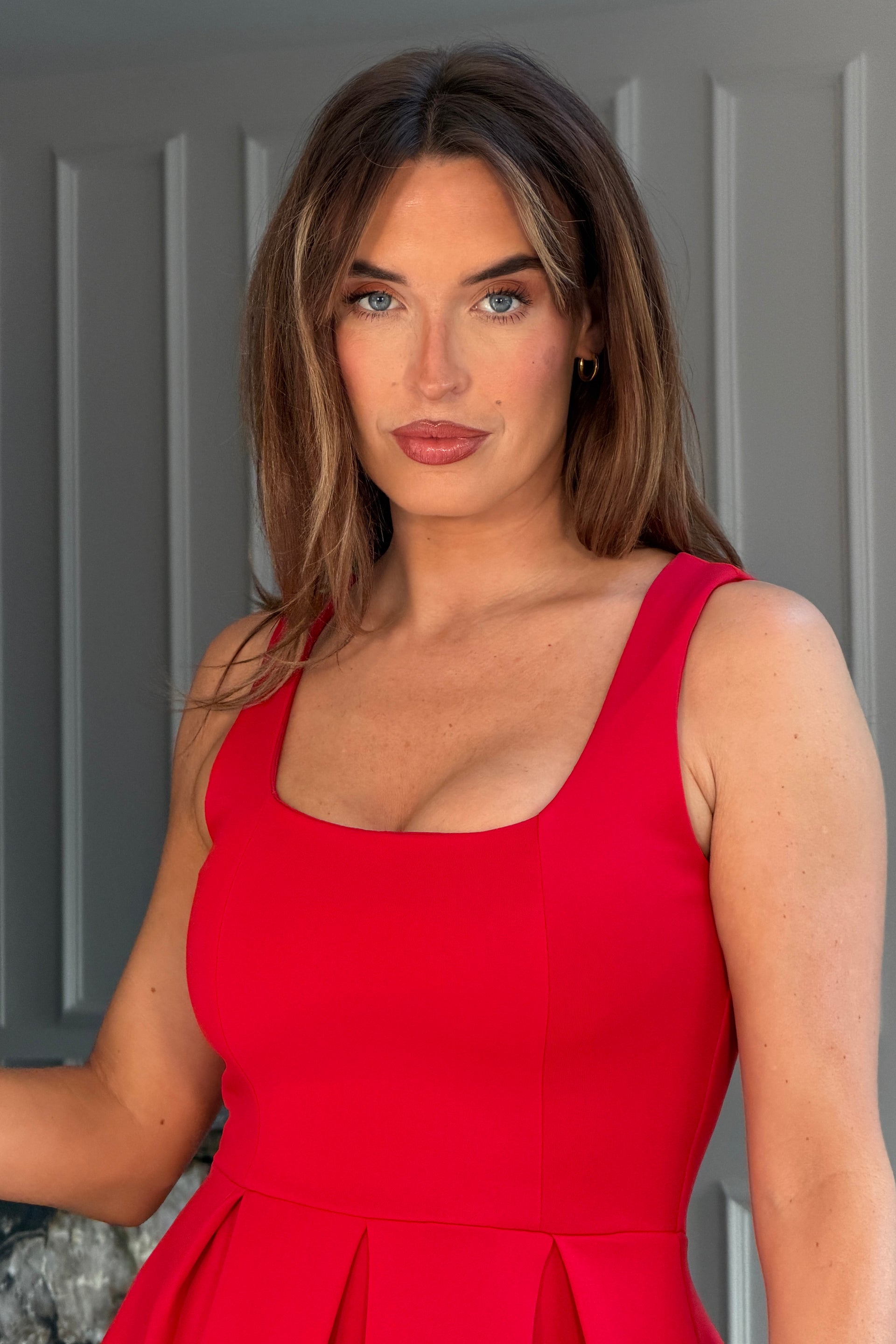 red square neck midi dress Erica Square Neck Pleated Midi Dress Red – Girl In Mind