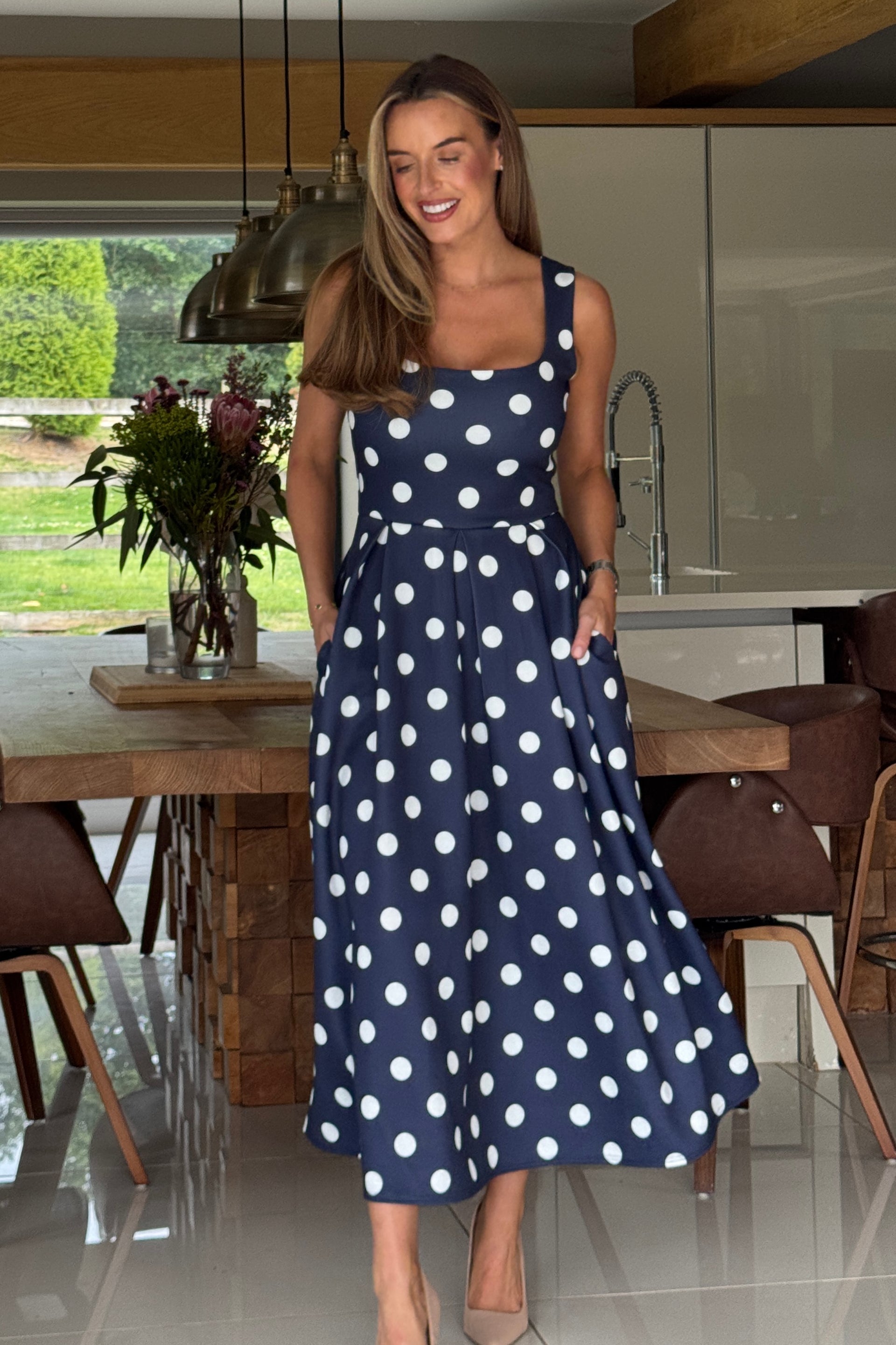 Erica Square Neck Pleated Midi Dress Navy Spot