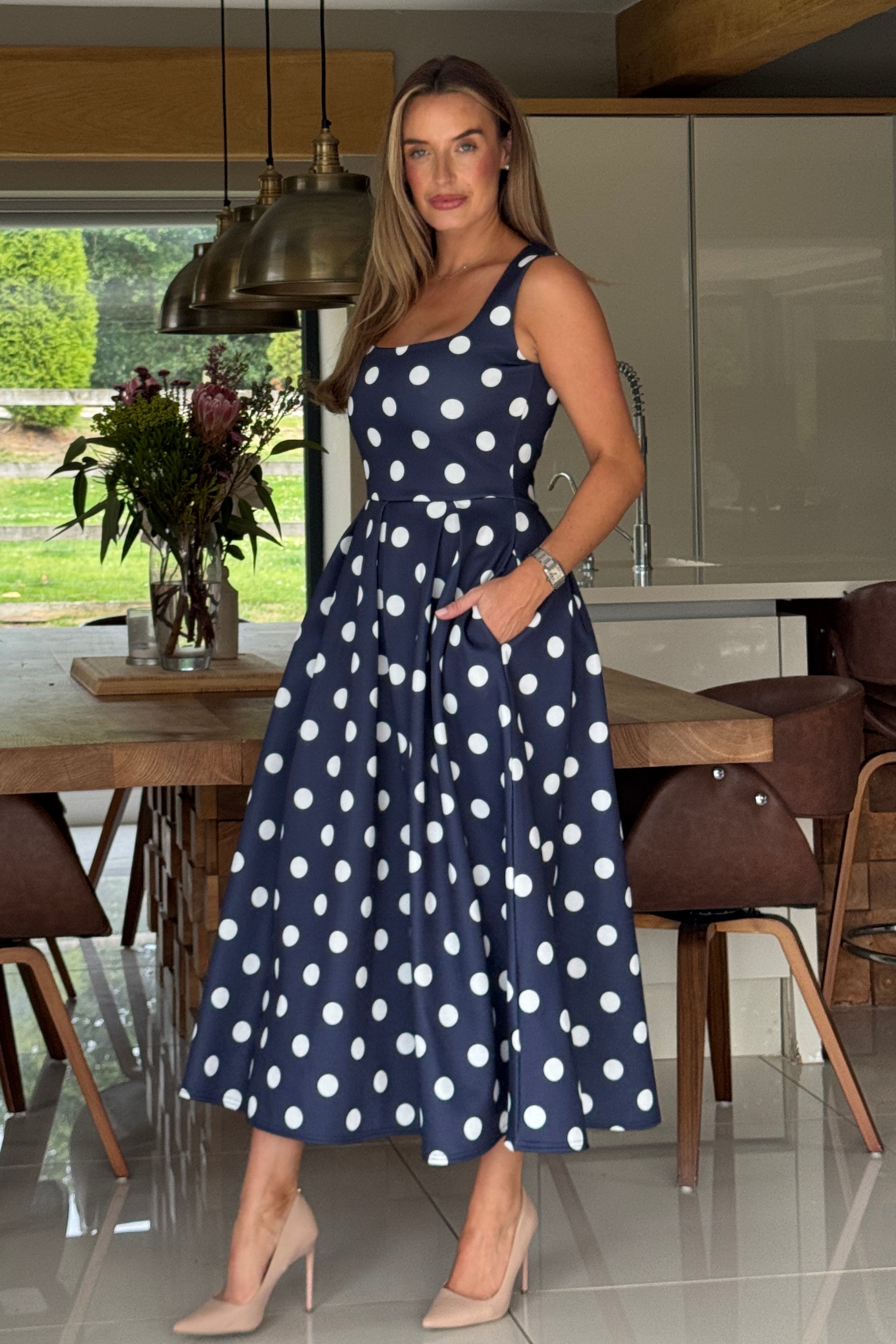 Erica Square Neck Pleated Midi Dress Navy Spot