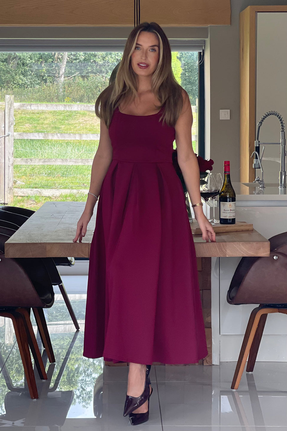 Erica Square Neck Pleated Midi Dress Berry