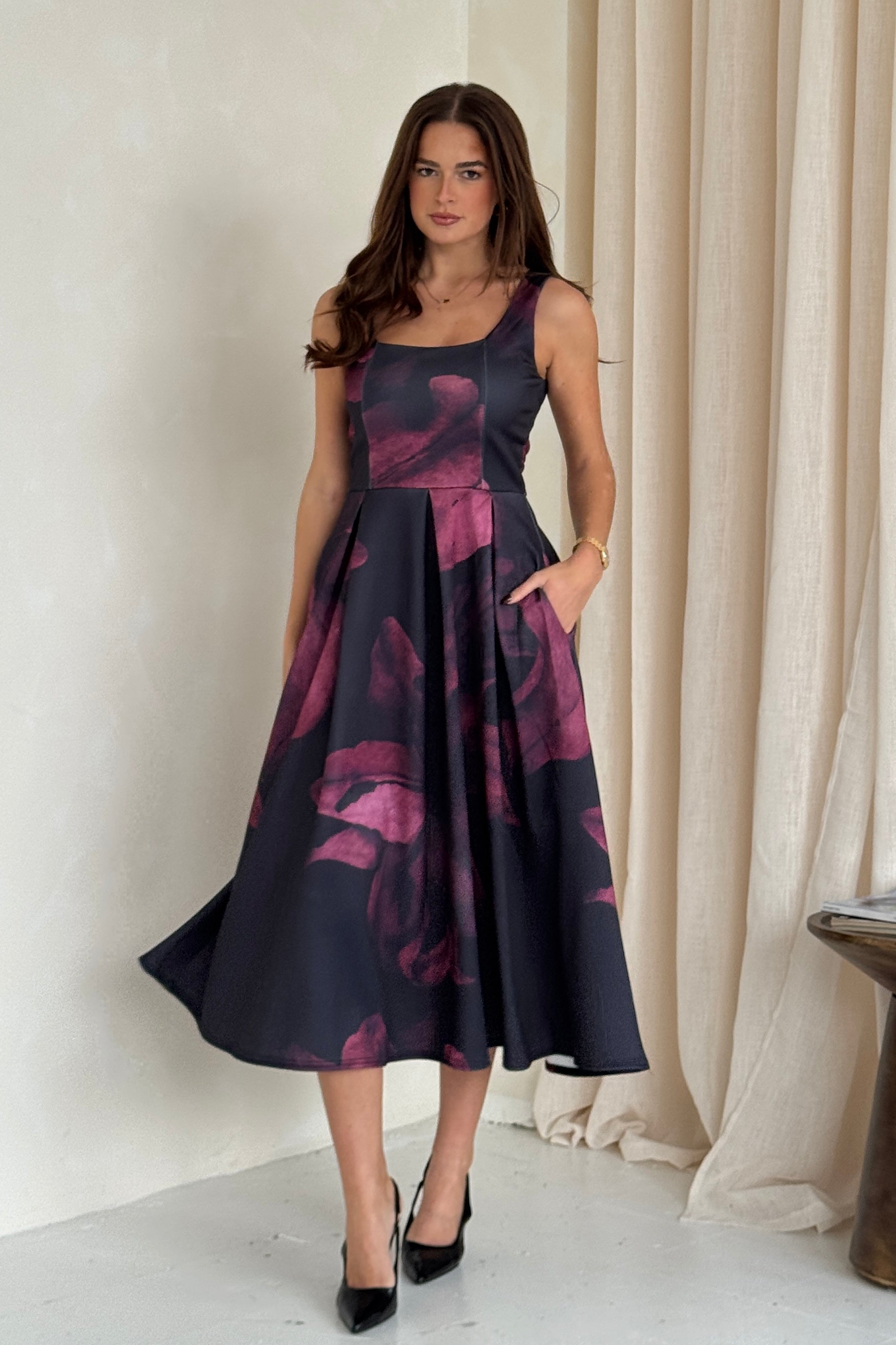 Erica Square Neck Pleated Midi Dress Wine Floral  Girl In Mind