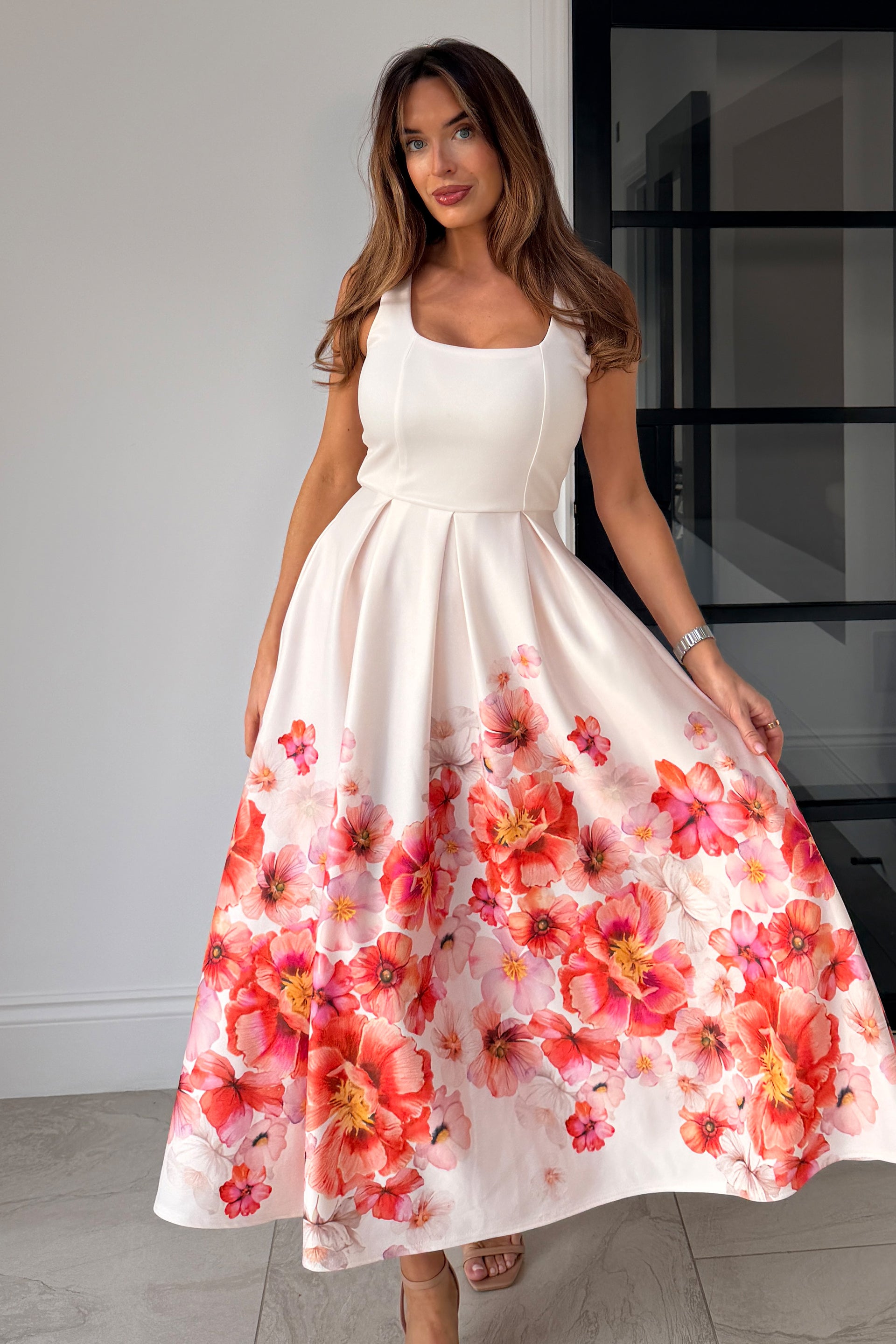 Erica Square Neck Pleated Midi Dress Floral print – Girl In Mind