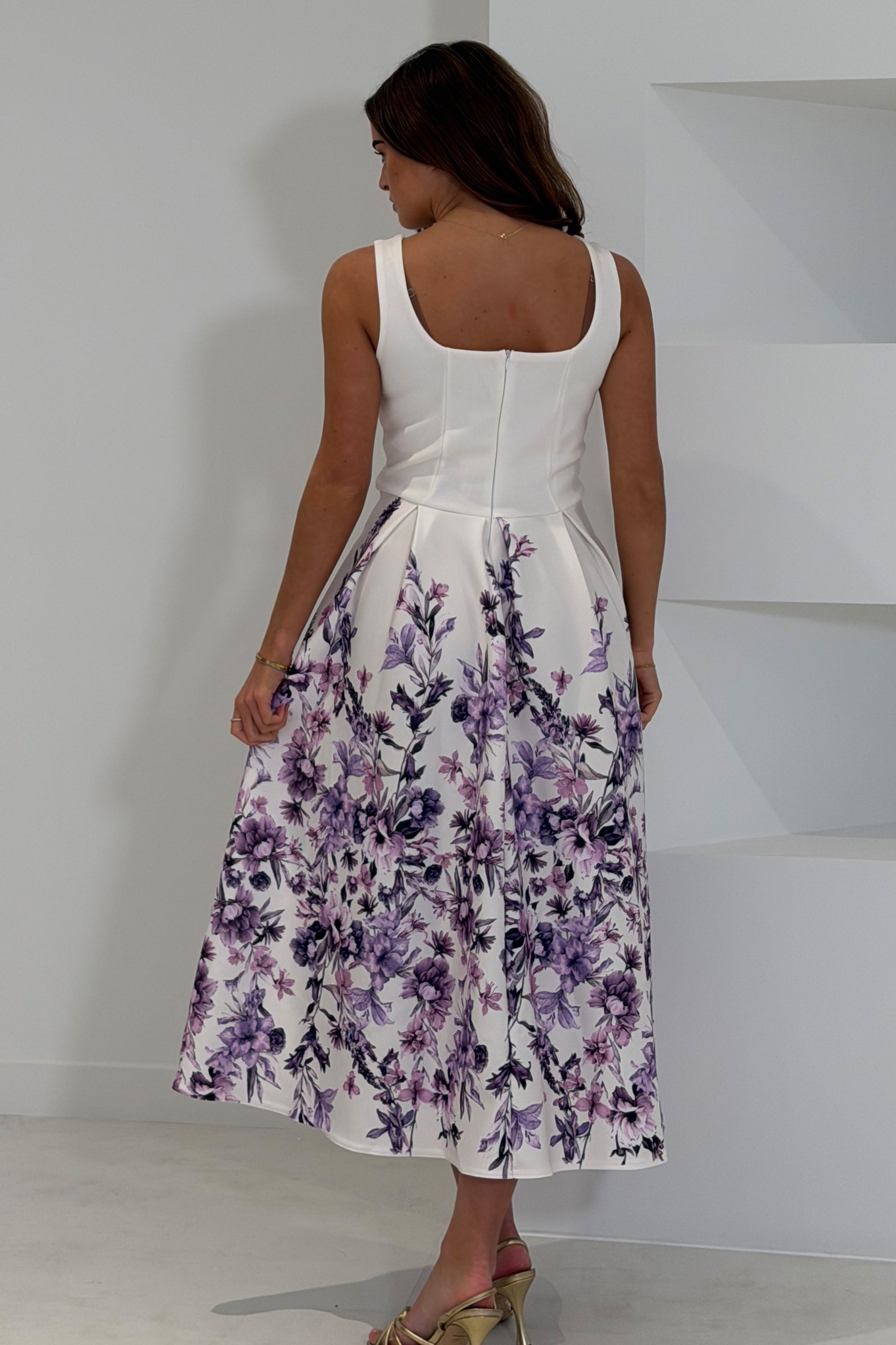 Erica Square Neck Pleated Midi Dress Floral print Ivory