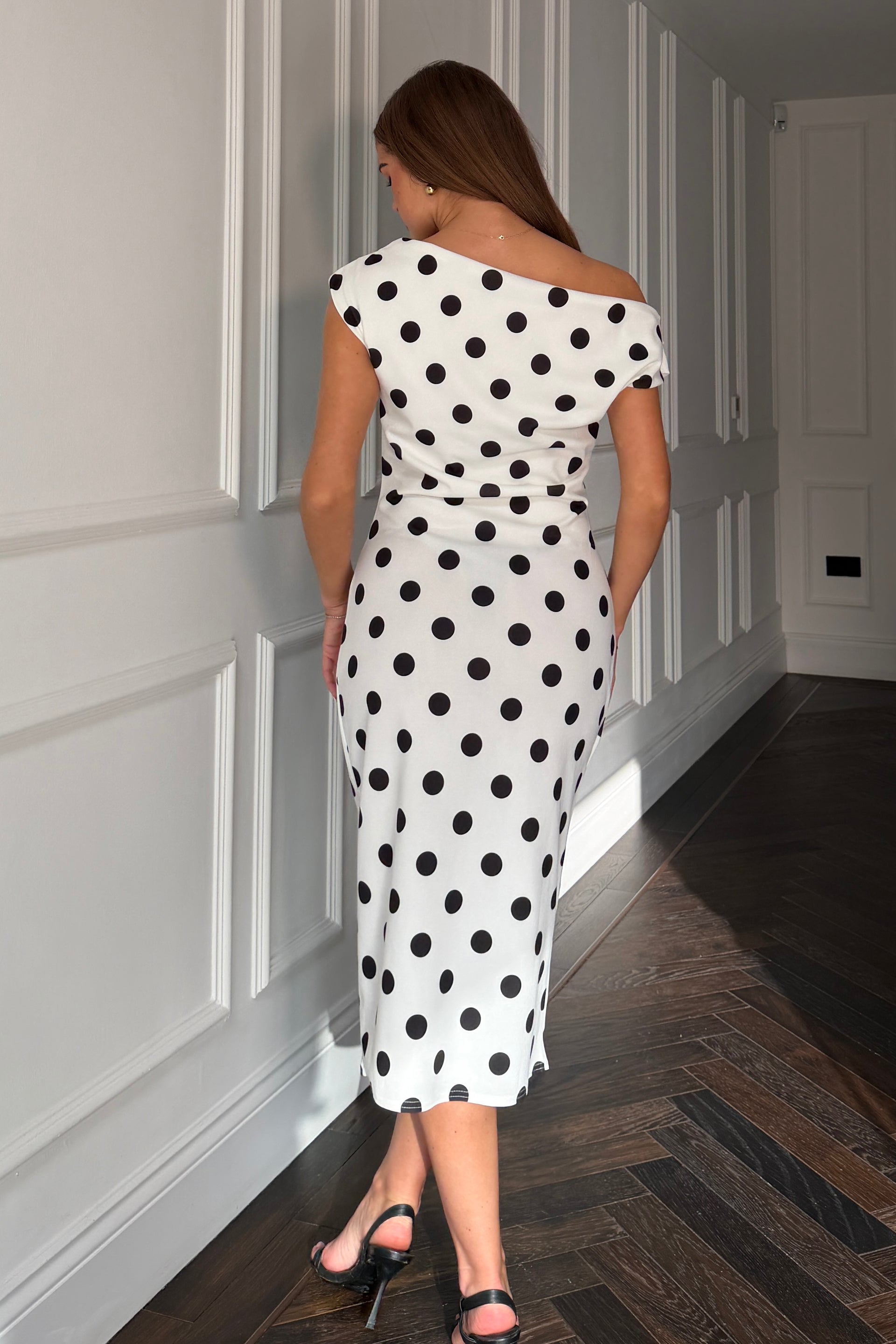 Ariana Asymmetric Neckline Midi Dress White Spot