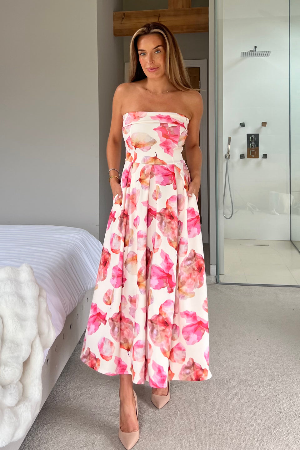 Danni Strapless Bandeau Midi Dress Pink And Yellow Print